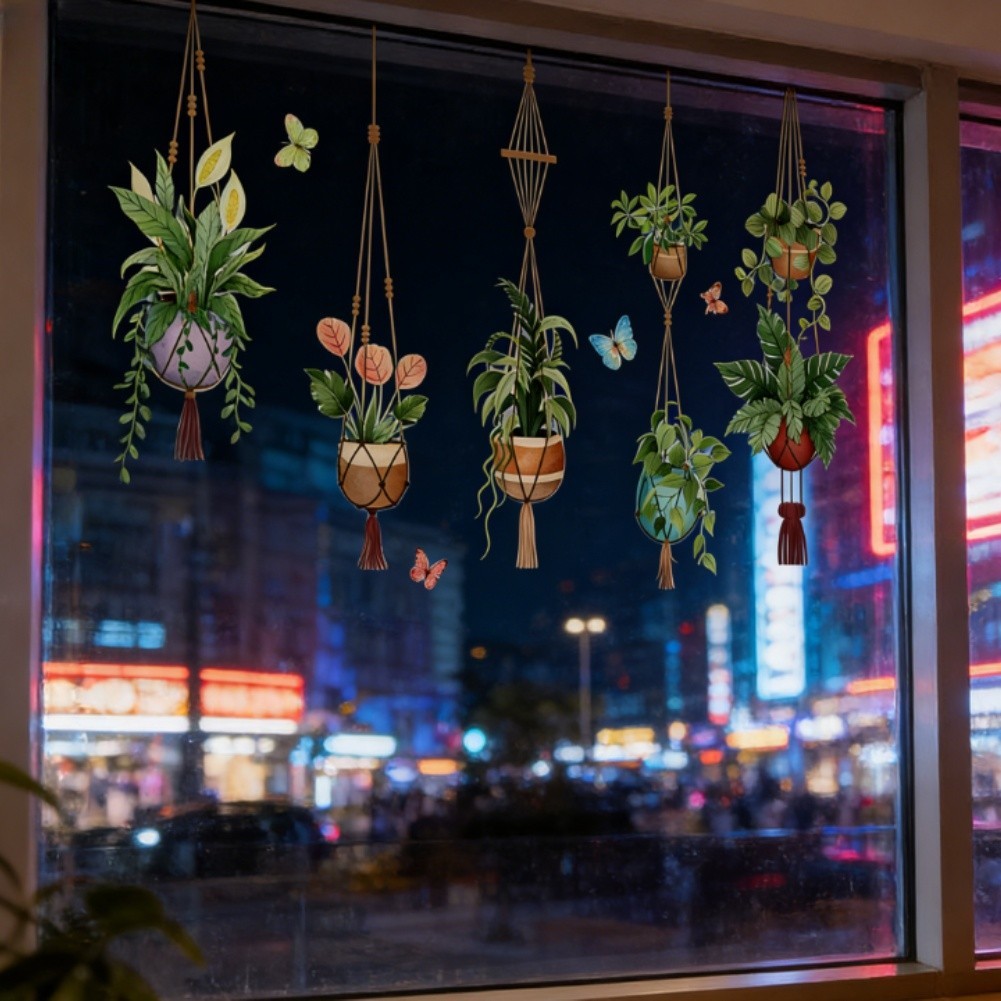 Window Stickers with Spring Potted Plant Design for Home Wall Decoration Green