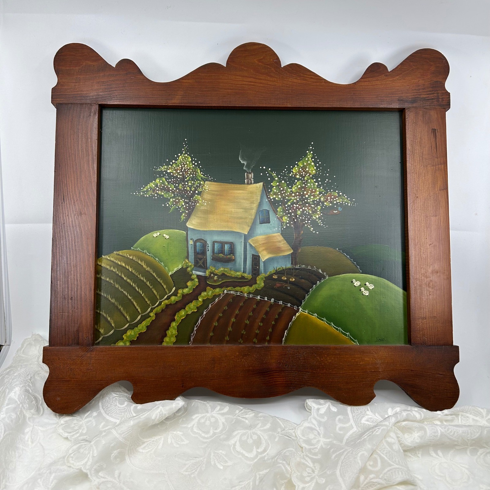 Vintage Hand-painted Farm House Landscape Cottagecore Ornate Wooden Wall Art