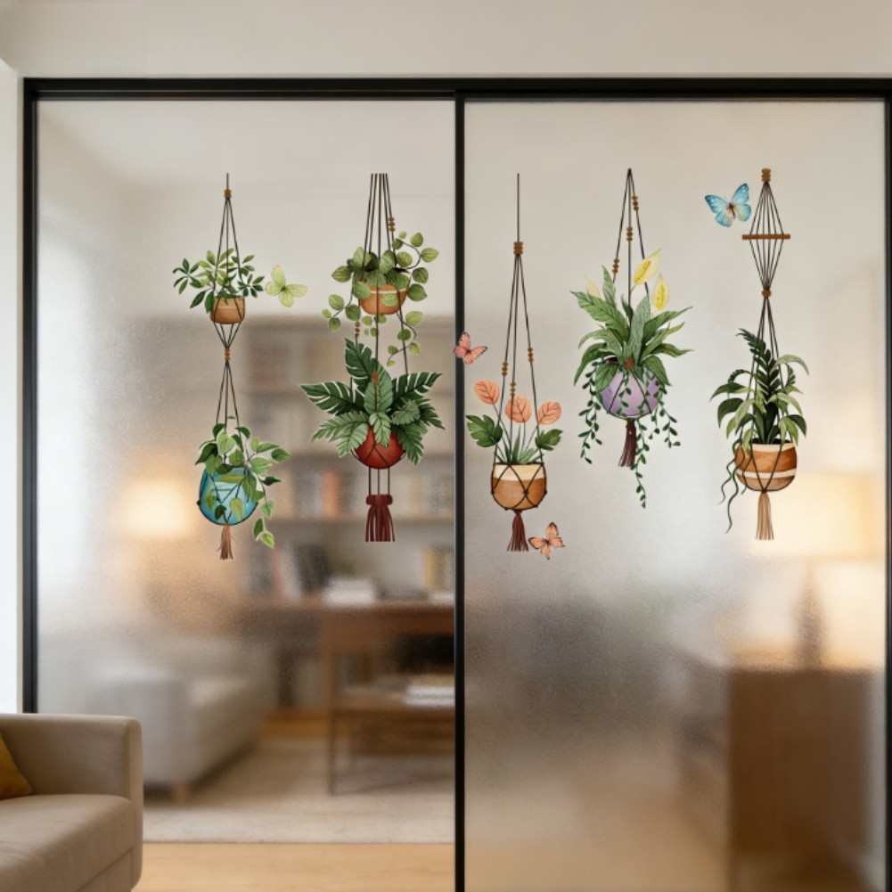 Window Stickers with Spring Potted Plant Design for Home Wall Decoration Green