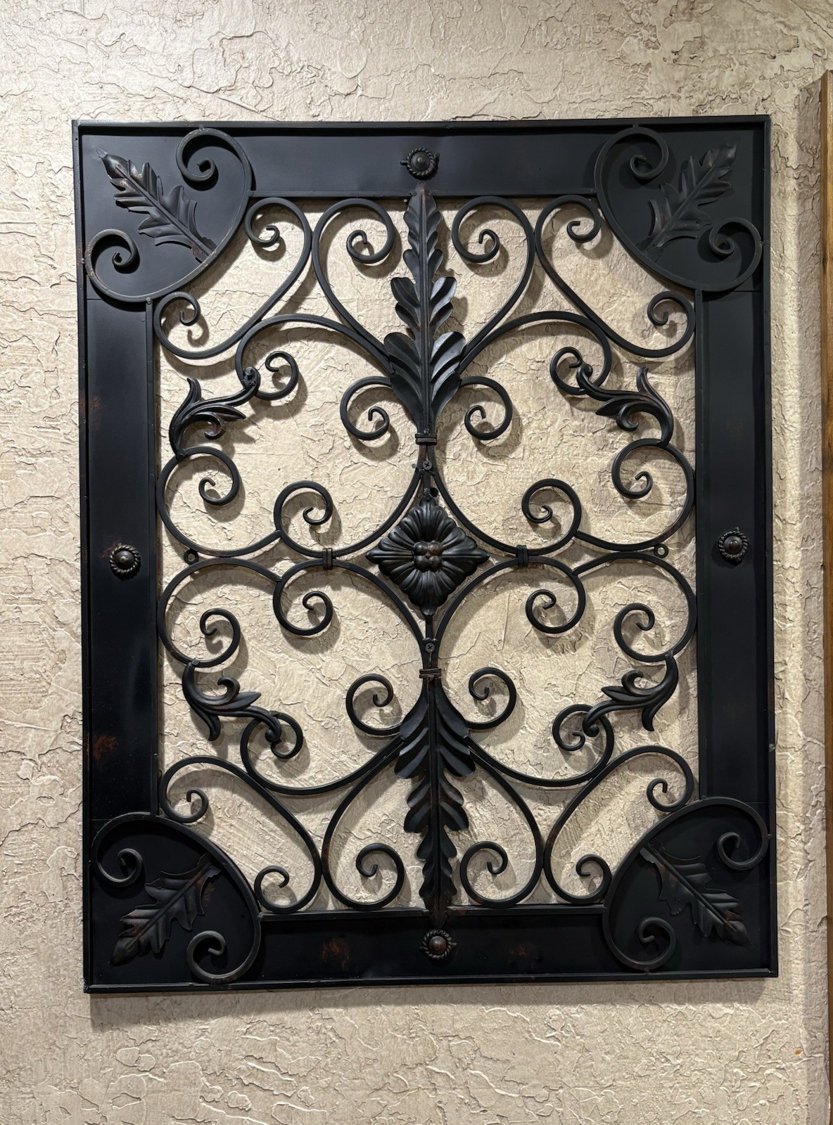 Large Wrought Iron Metal Wall Decor Scrollwork Floral 30” x 23.5” Black Vintage