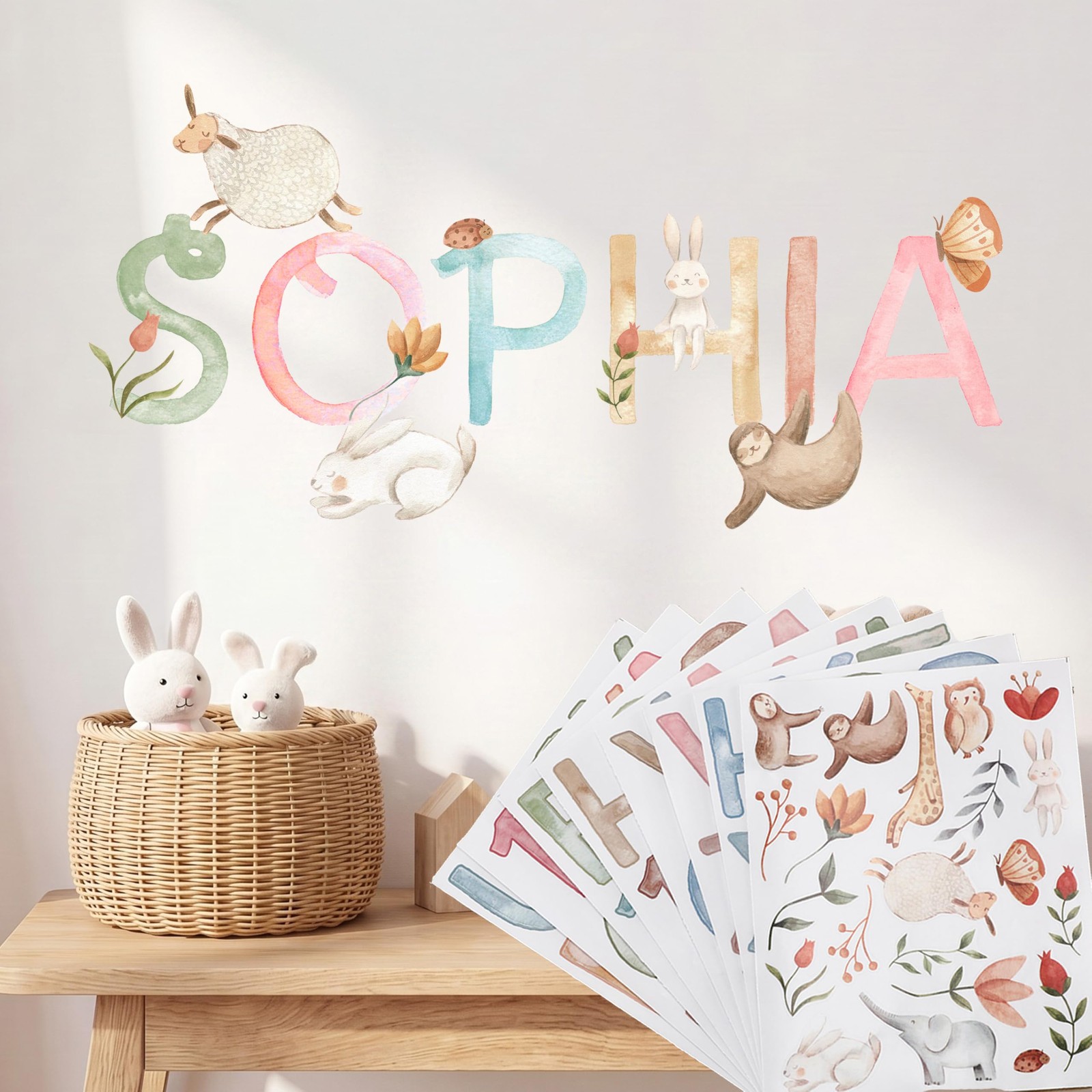 8 Sheets Watercolor Name Wall Decal Sticker Woodland Animal Vinyl Alphabet St…