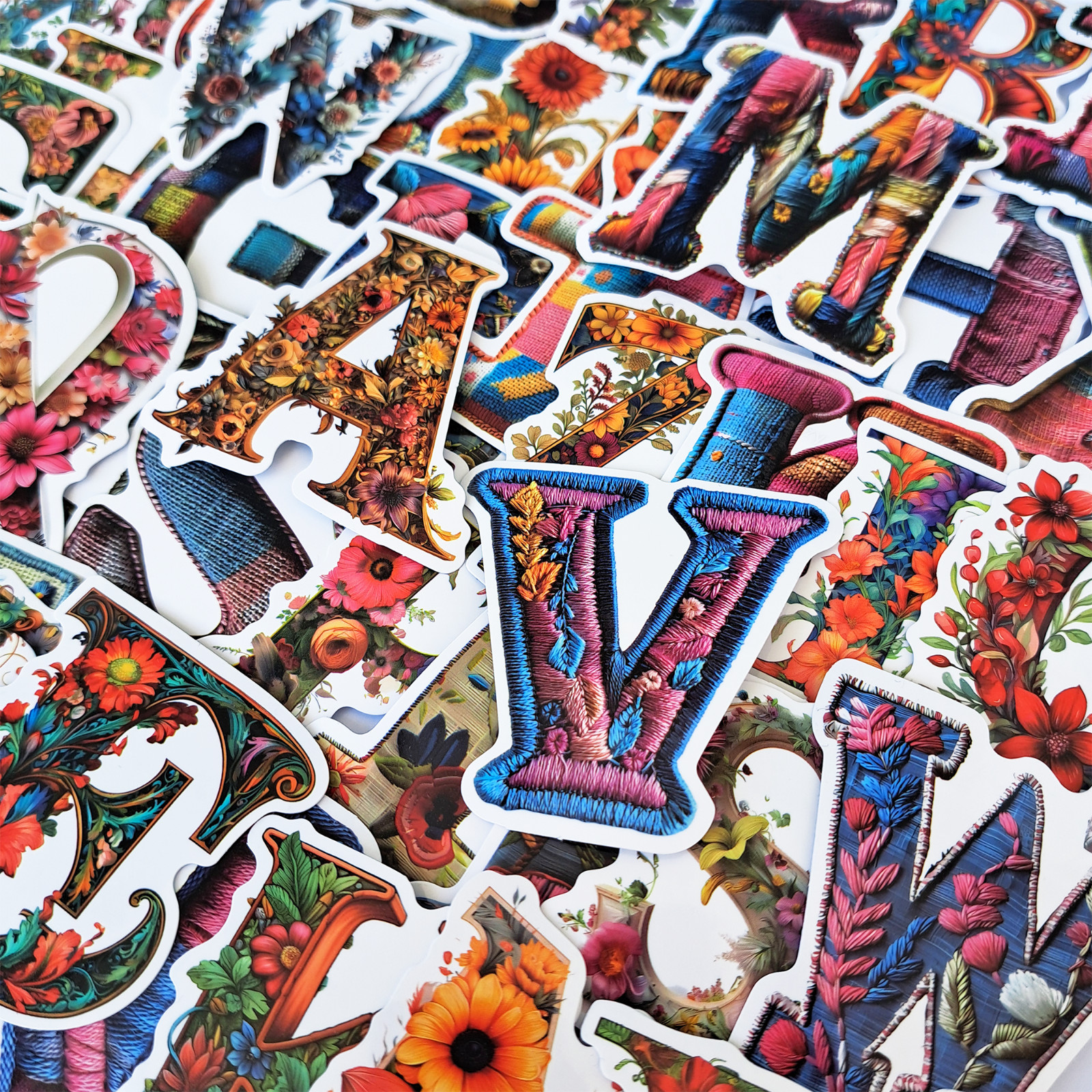 52 PCS Floral Alphabet Sticker Pack Knitted Patchwork Decorative Letters Crafts