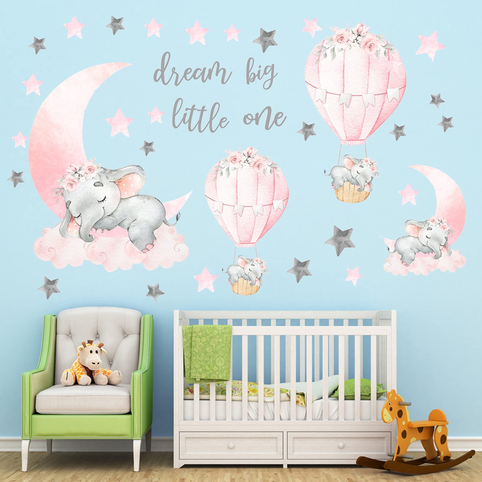 Dream Big Little One Elephant Wall Stickers, Pink Moon Hot Air Balloon Grey Star