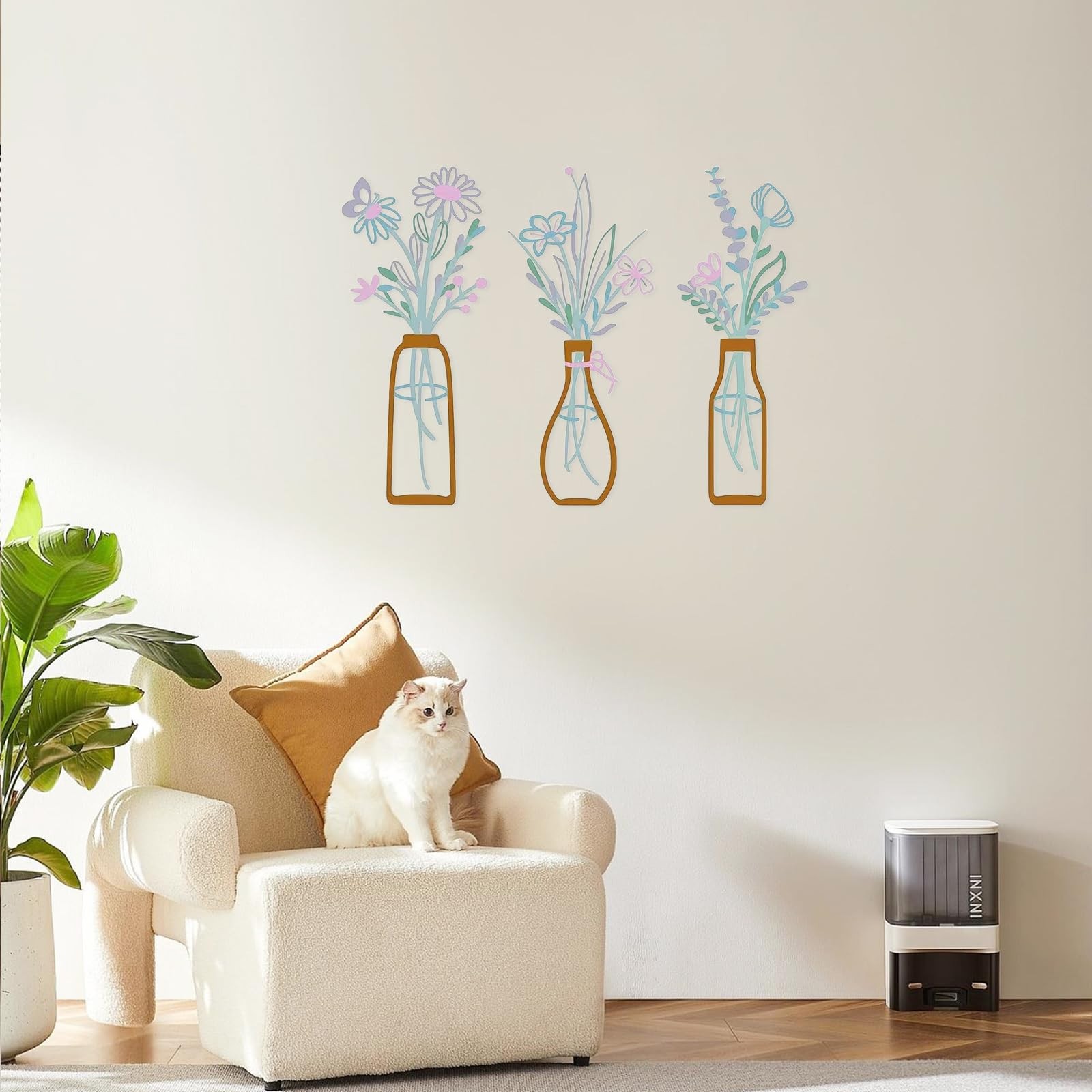 3 PCS Metal Flower Wall Art, 5.1 X 2.1 Inch Iron Vase Wall Decor, Wall Decals…