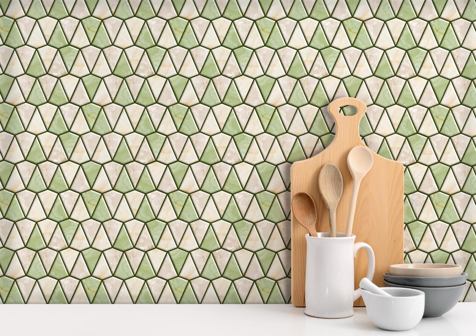 Mosaicowall 3D Diamond Peel and Stick Tiles for Wall Beige-Light Green | MOS029