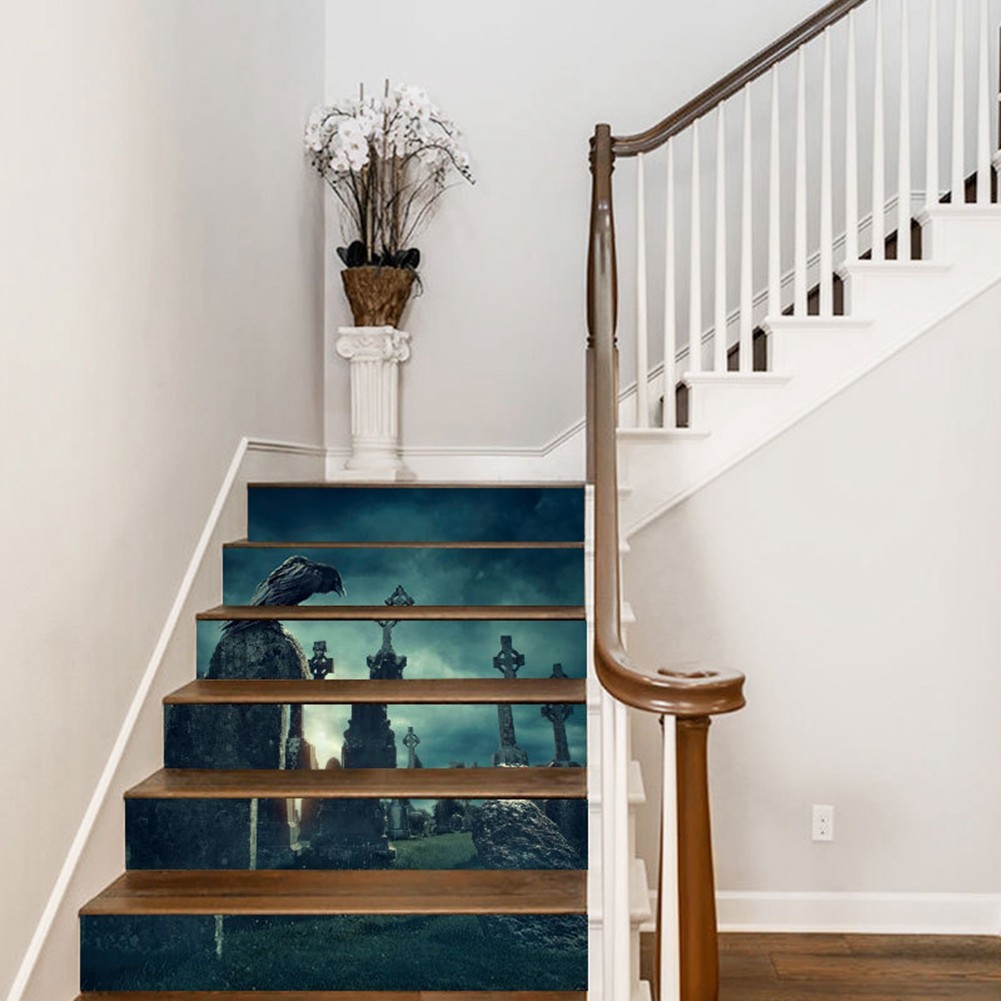 Halloween 3D Waterproof Stair Wall Crow Tombstone Stickers Home Party Decoration