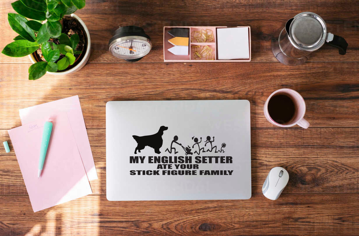 Funny English Setter Decal: 'My Dog Ate Your Stick Figure Family #9043S