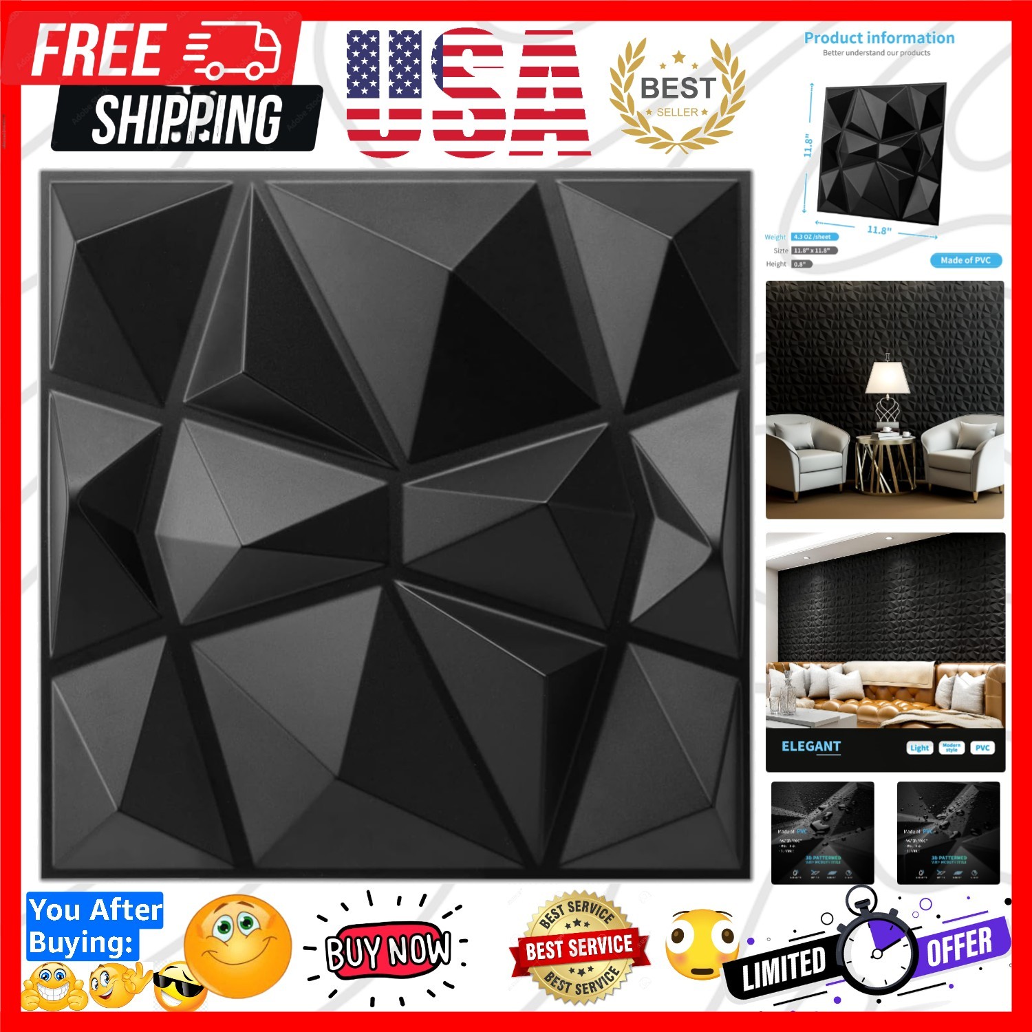 Decorative 3D Wall Panels in Diamond Design, 12"x12" Matt Black for Home and …