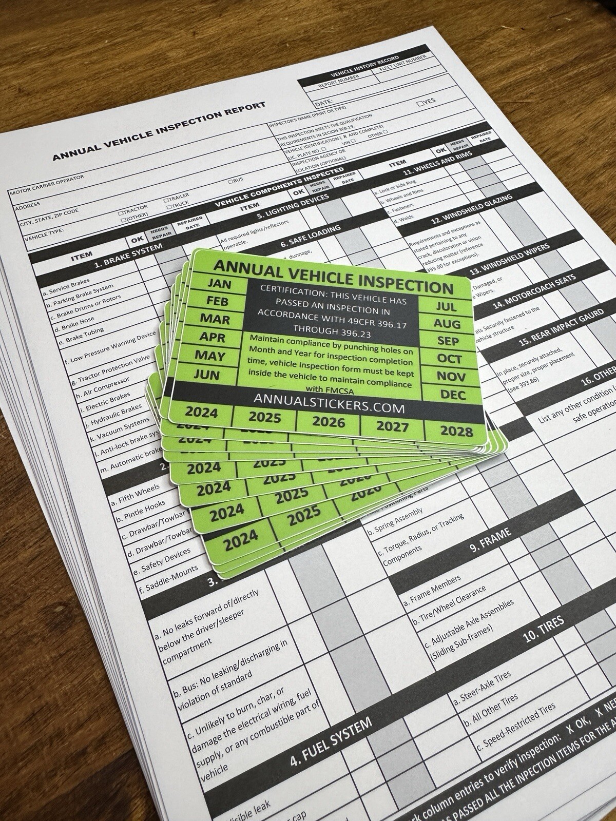 10 Pack Annual Vehicle Inspection Sticker Trucks Trailers Semi & 10 Forms green
