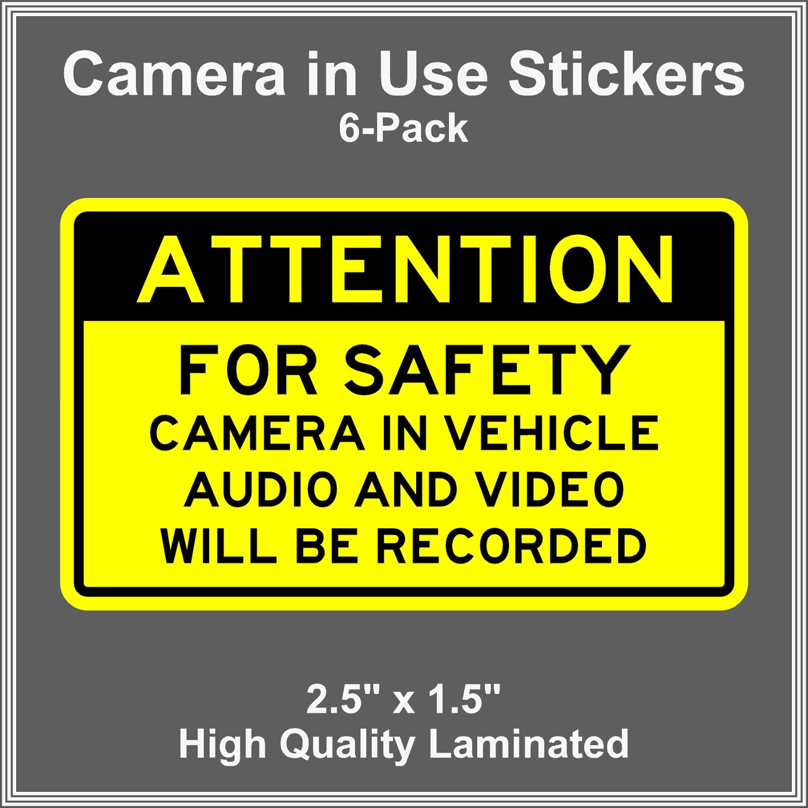 Camera in Car Recording Video 6-Pack Decals Yellow & Black 2.5" x 1.5" for Uber
