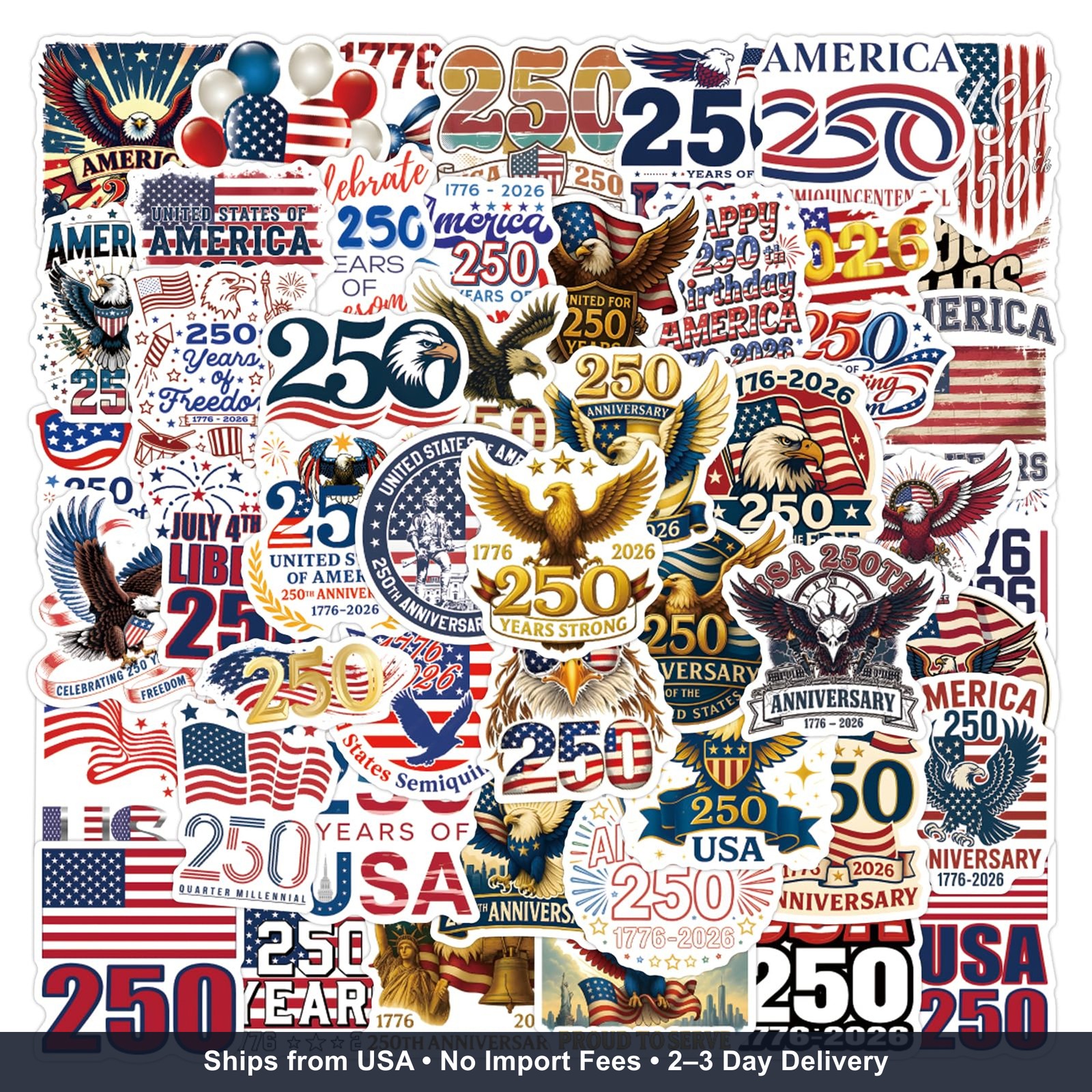 110PC 250 Anniversary USA Patriotic Vinyl Stickers Set Weather Resistant Laptop