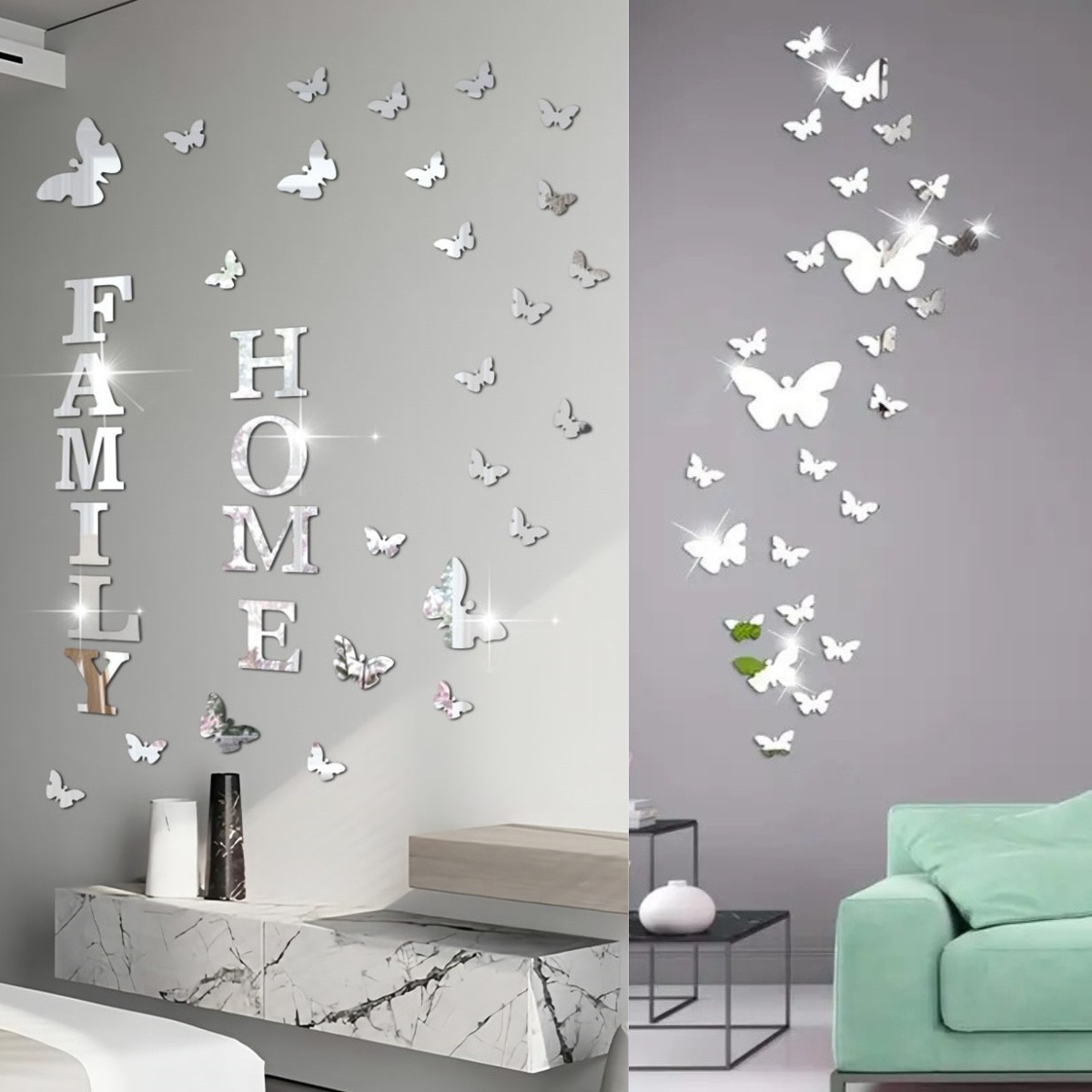 60Pcs Mirror Butterfly Wall Decor Set Self Adhesive Removable Home Art Decals