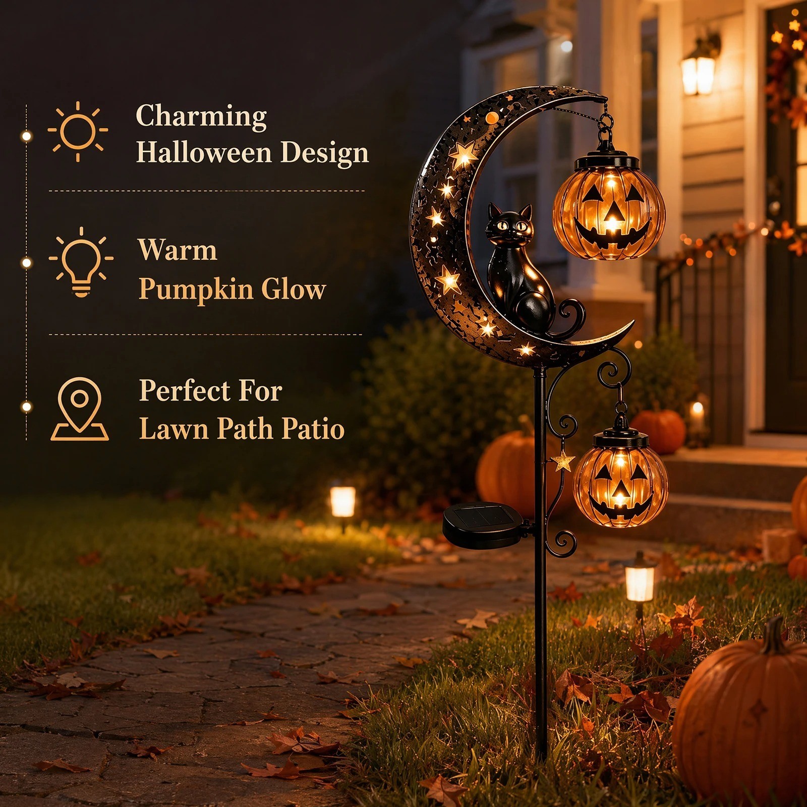 Solar Black Cat & Pumpkin Moon Stake Lights for Halloween Garden Decor