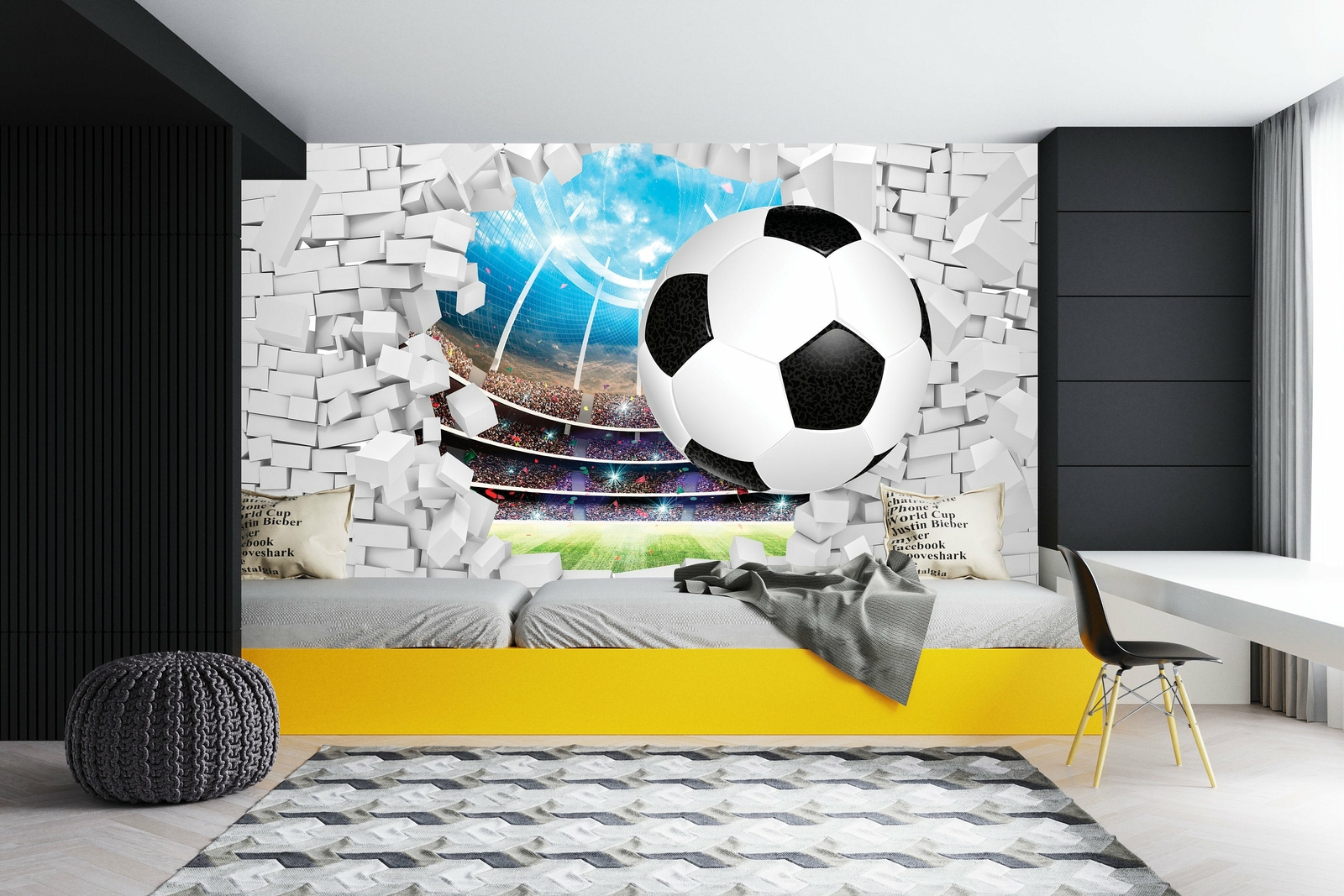 Soccer Ball Through A Brick Wall Wallpaper – Large Wall Mural – Self-adhesive