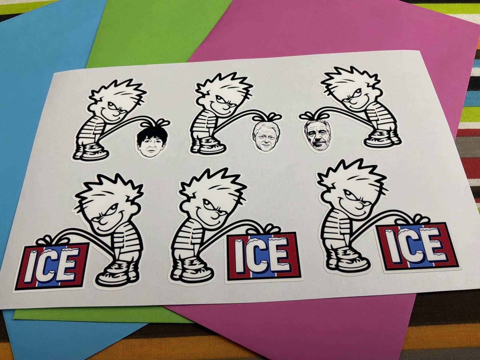 Decals Calvin Peeing On ICE, Pissing On Epstein, Maxwell, Clinton Pre-Cut Vinyl