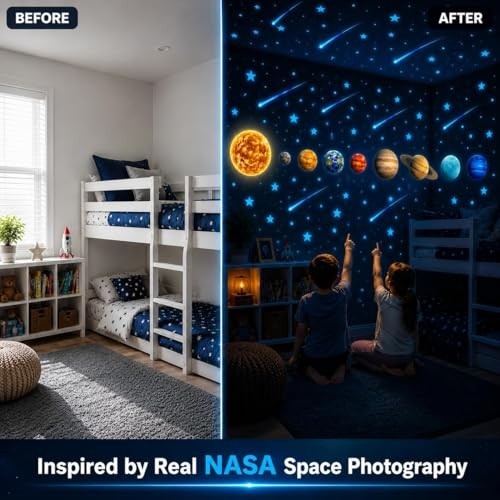 Glow in the Dark Wall Stickers Stars Planets Solar System 120 Pieces Blue Kids