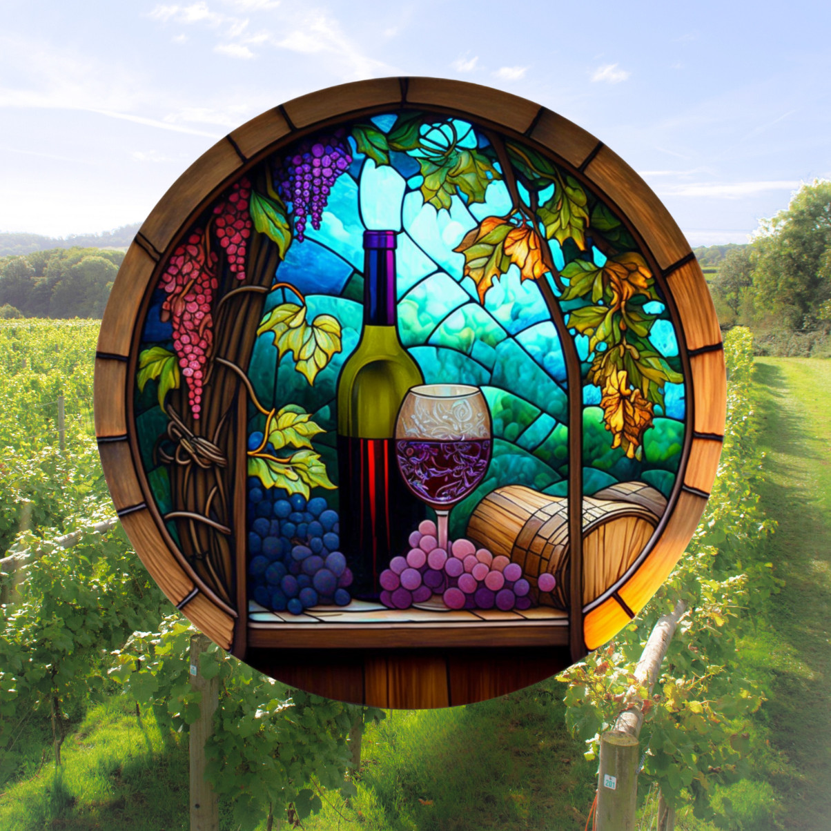Wine & Grapes Faux Stained-Glass WINDOW CLING Sun-catcher Size 8" Round Vinyl