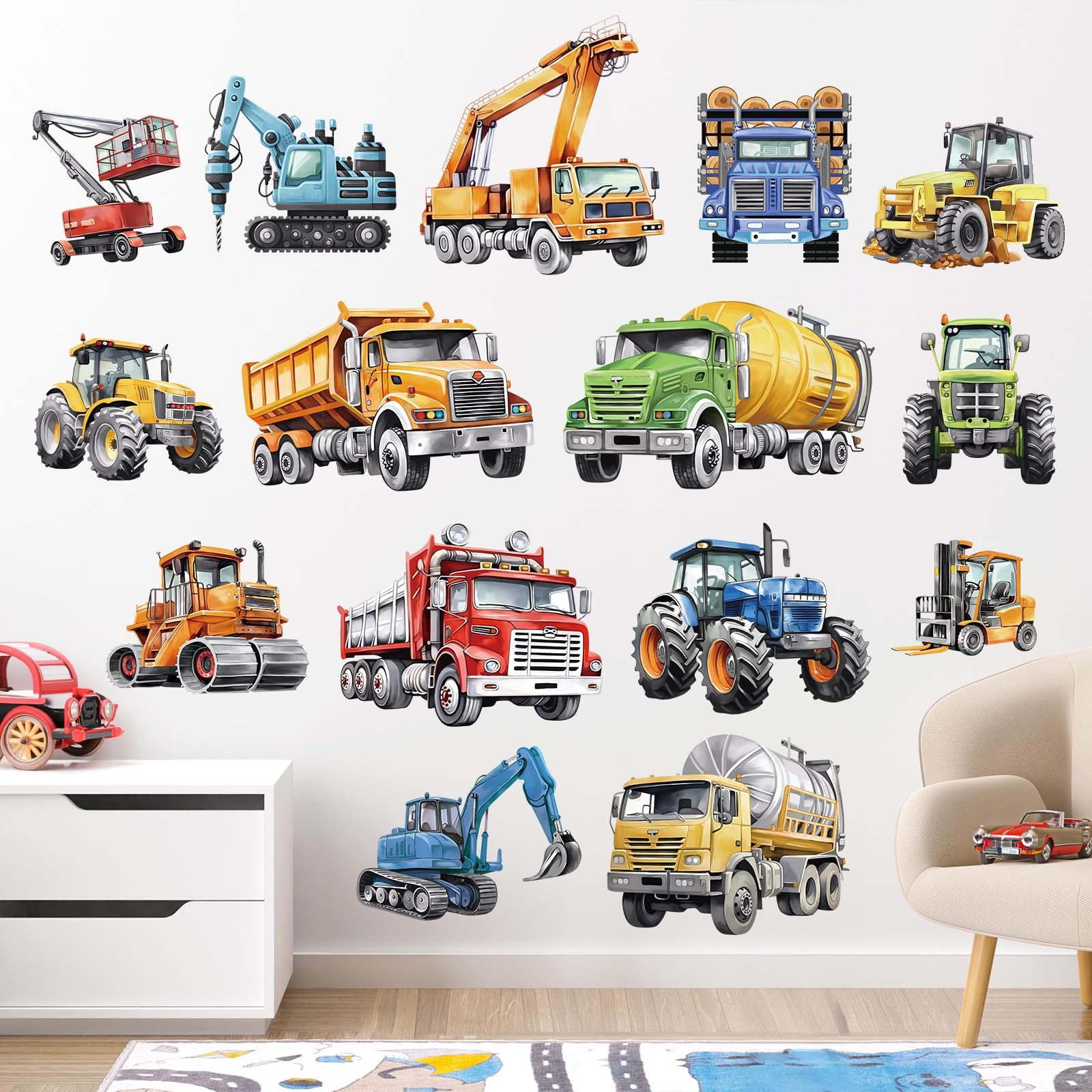 Construction Vehicles Wall Stickers Trucks Tractor Cars Peel and Stick Wall A…