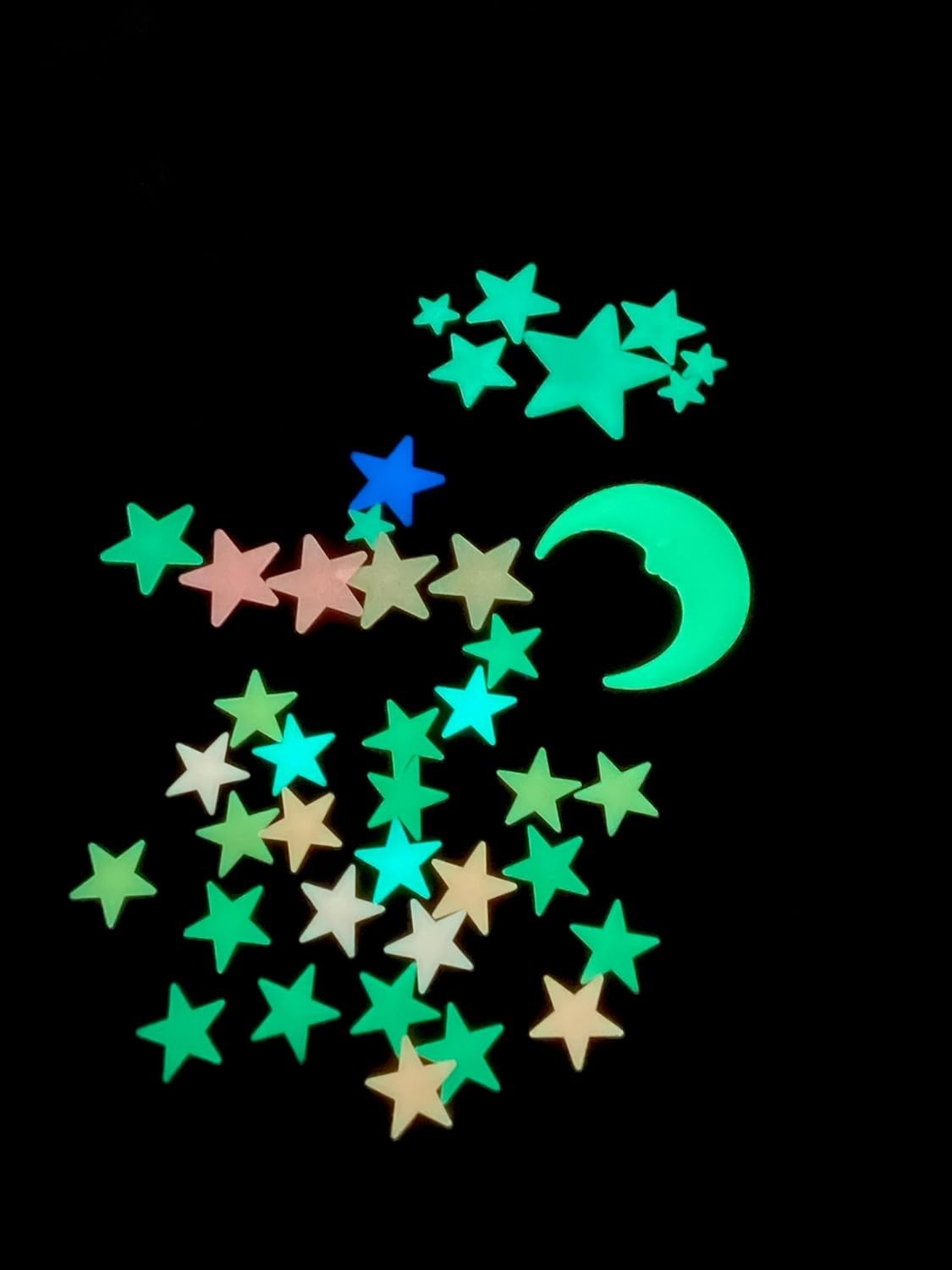 Multi-Colored Glow Stars Set – 200 Room Stickers with Bonus Moon for Kids' Décor