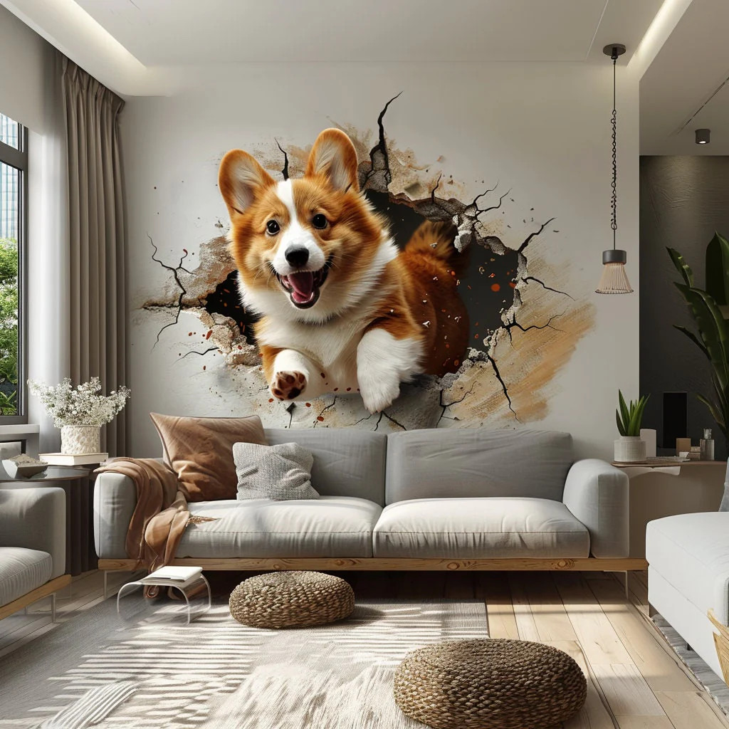 3D Corgi Dog Wall Decal – Playful Pet Sticker – Realistic Corgi Jumping Through