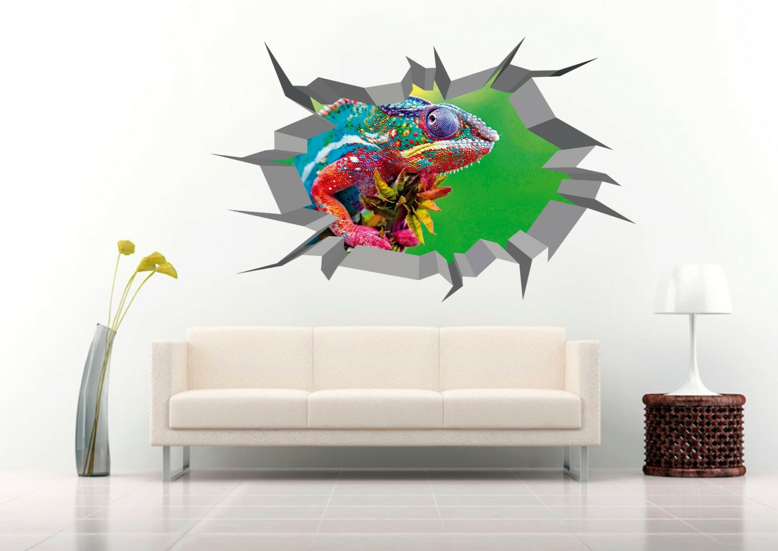 Panther Chameleon Reptile 3D Crack Hole Wall Decal Vinyl Sticker Mural Art Decor