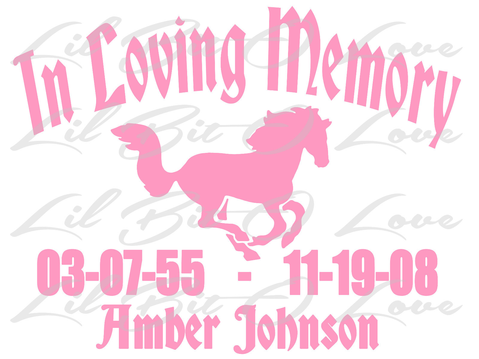 PERSONALIZED IN LOVING MEMORY VINYL DECAL WITH HORSE WITH NAMES AND DATES