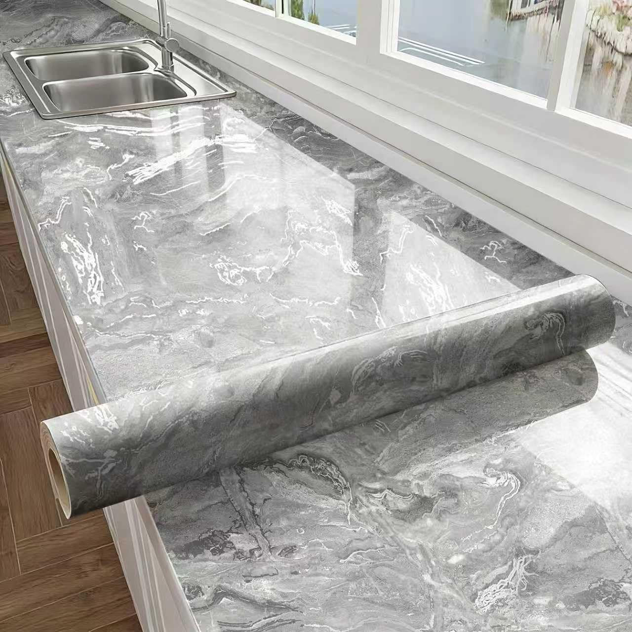 Thick Glossy Grey Silver Marble Peel and Stick Kitchen Sticker for Countertop…