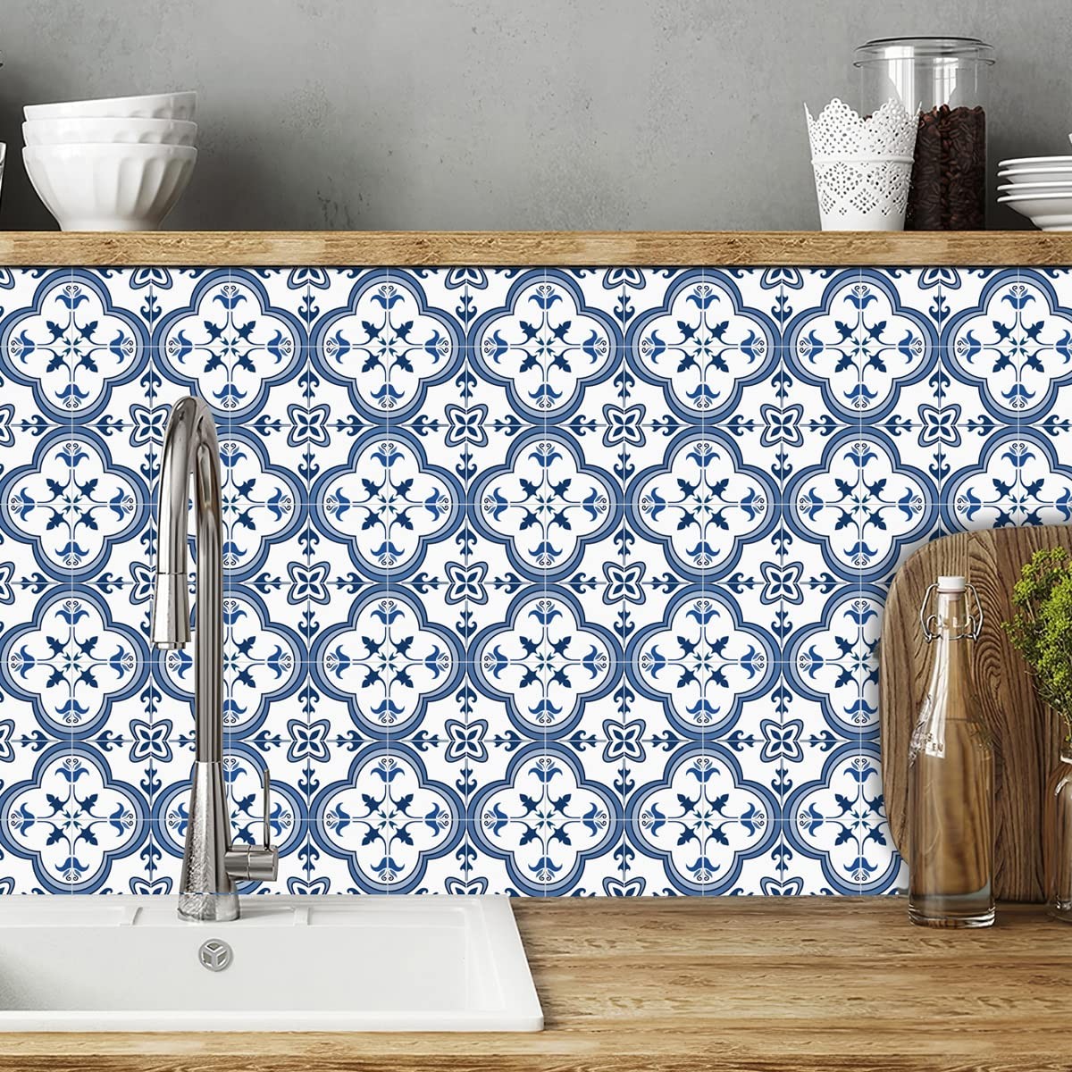 Blue-White Peel and Stick Wallpaper Tile Stickers 6×6 in, 2D Vinyl Decorative…