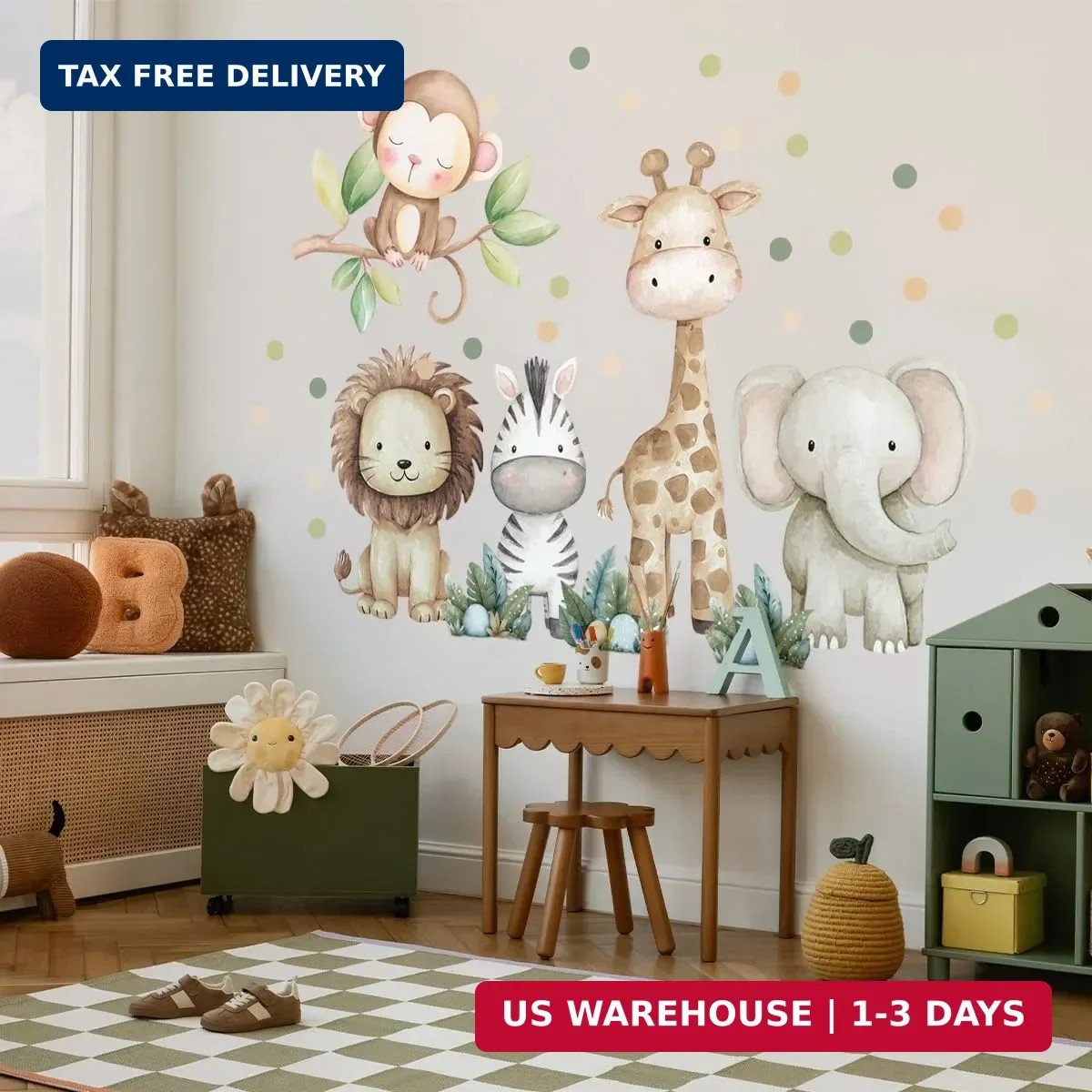 Safari Animals Nursery Wall Decal, Peel and Stick Nursery Mural Jungle Animals L