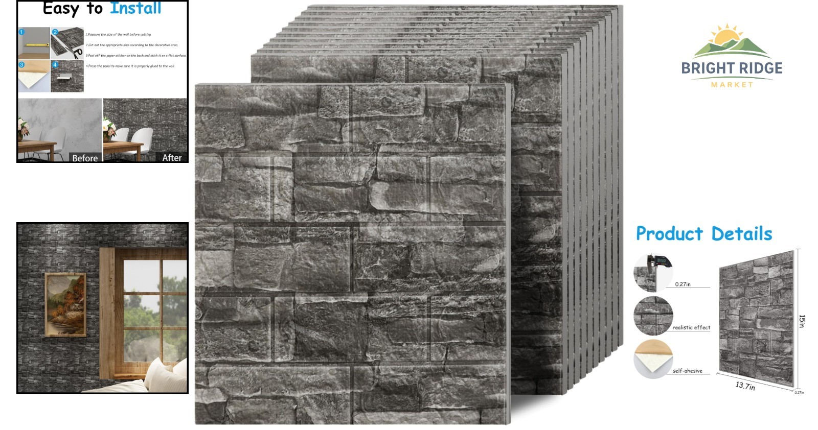Peel and Stick 3D Wall Panels in Black Grey Stone for Home Decoration