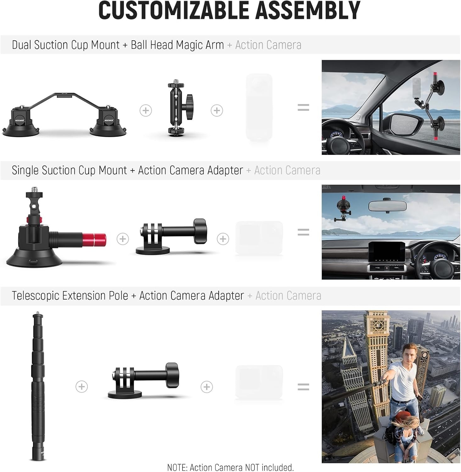 Triple Suction Cup Car Mount Kit with 2-in-1 Selfie Stick & Adjustable Pole for
