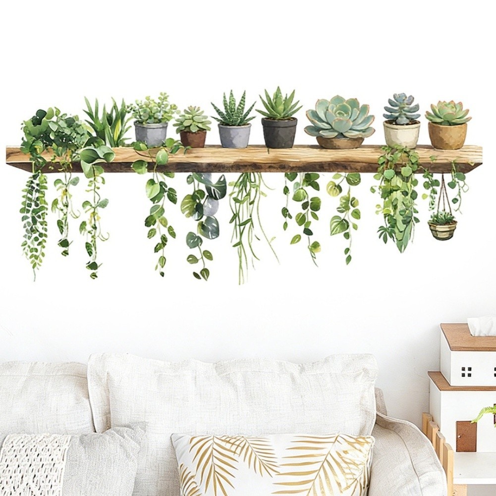 Fade Resistant Green Cartoon Plant Pot Wall Decal for Living Room Bedroom Decor