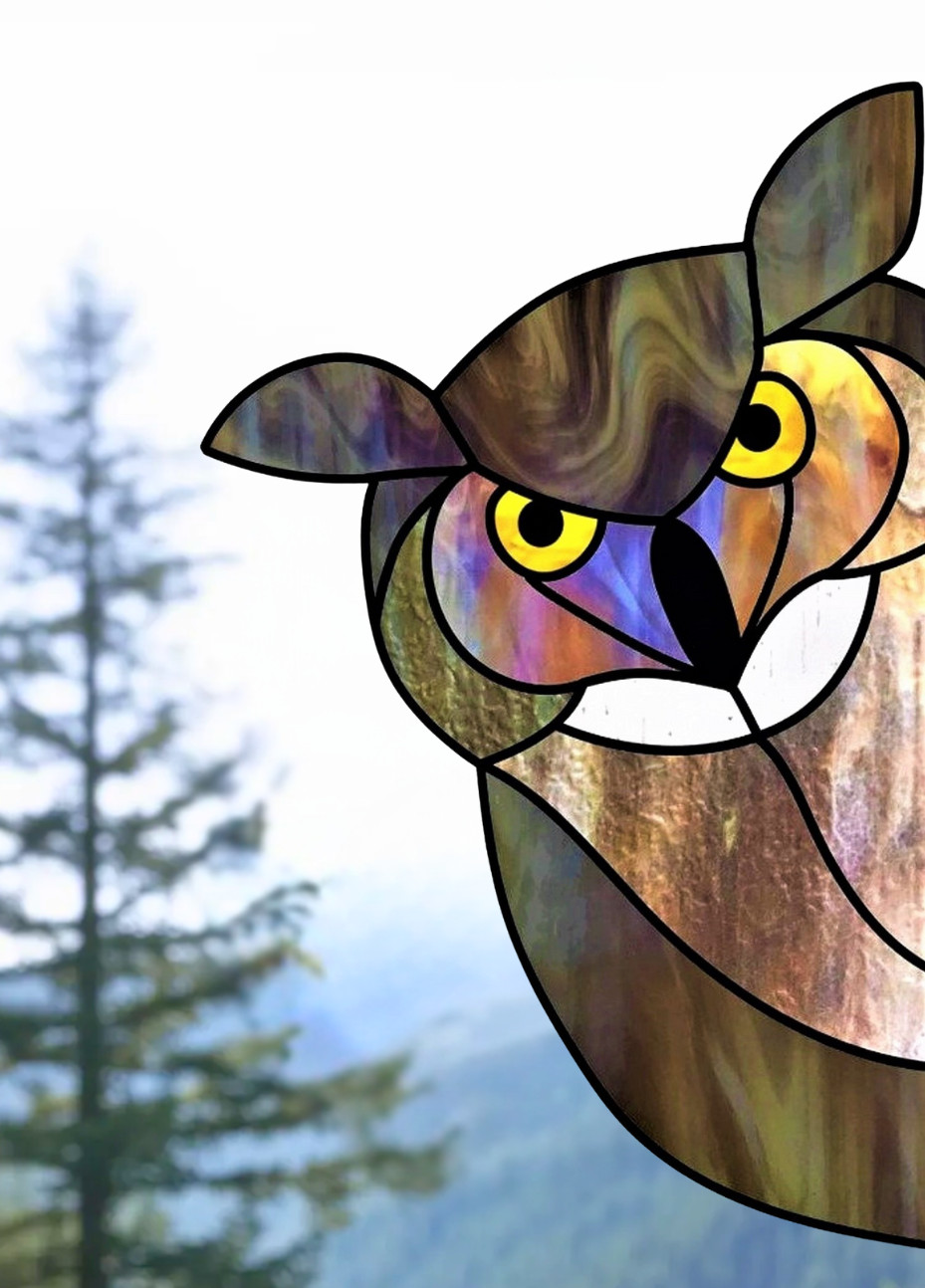 Peeking Horned Owl Faux Stained-Glass WINDOW CLING Size 10.6" Vinyl