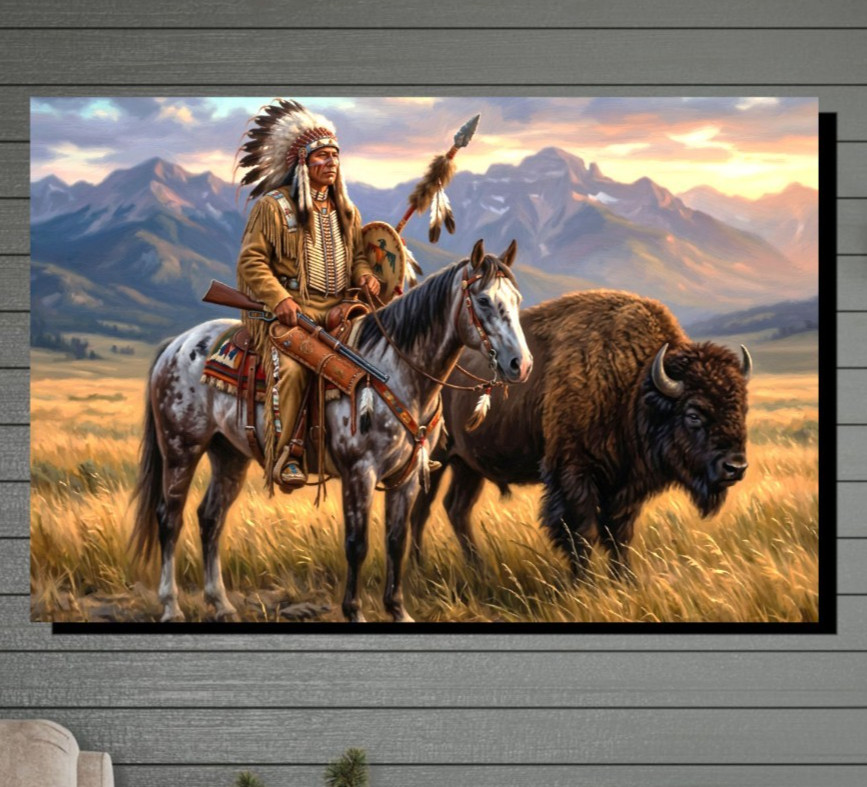 Native American Indian Chief & Buffalo, Best Friends Gallery Canvas Wrap SN/LE