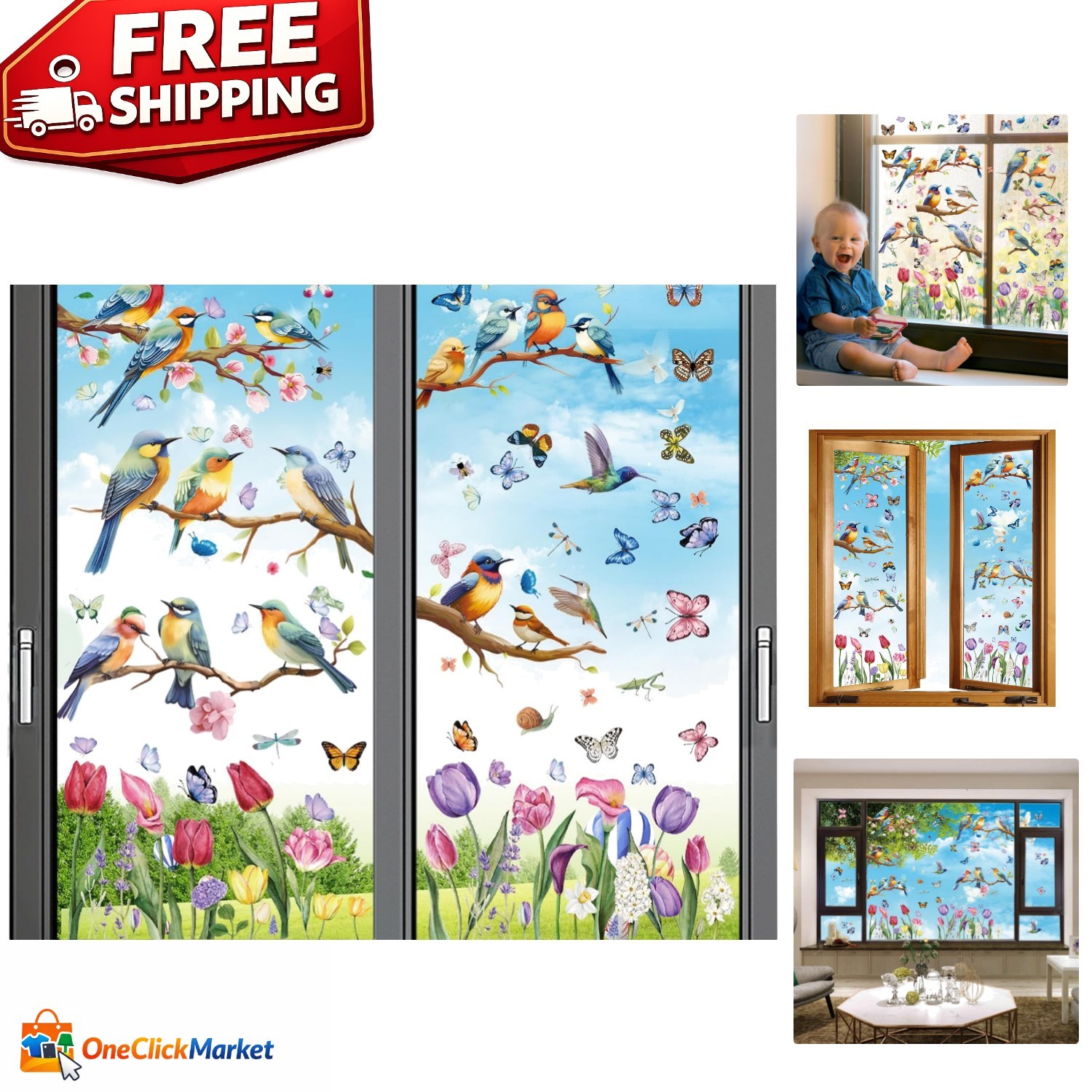 Spring Window Cling Sticker – 78PCS Tulip Butterfly Flower Hummingbirds Windo…