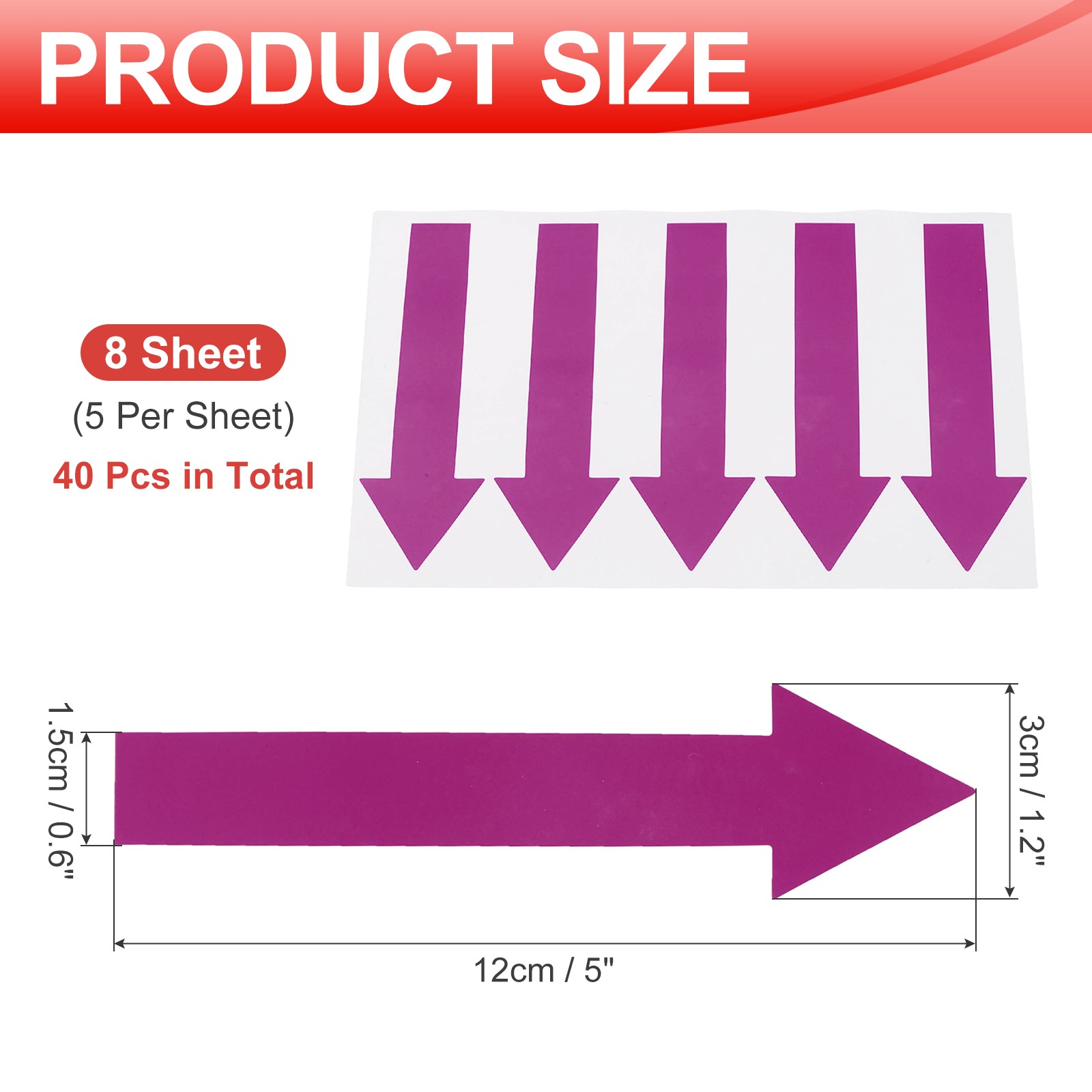 Arrow Sticker, (5×1.2 Inch, Purple) (40 Pcs), Waterproof Arrow Sign Sticker