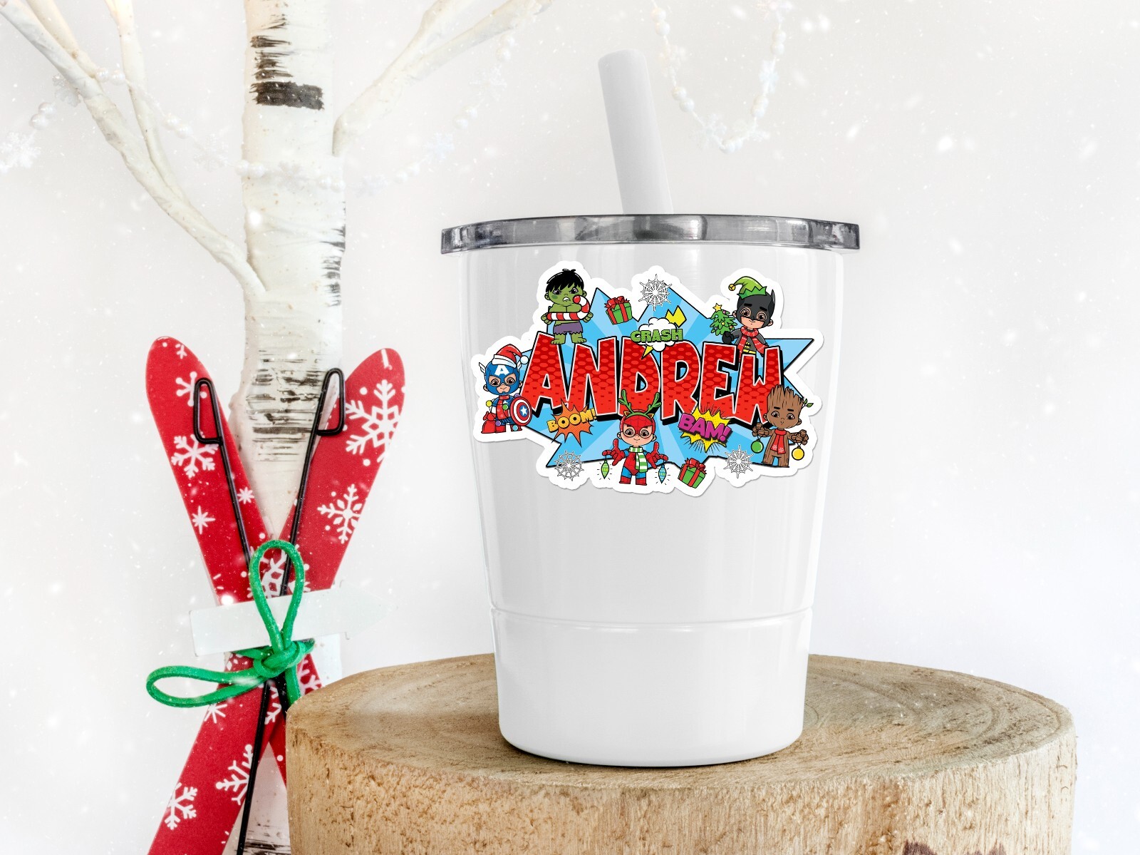 Custom Christmas Name Sticker Comic Book Style Superhero Kids Vinyl Decal