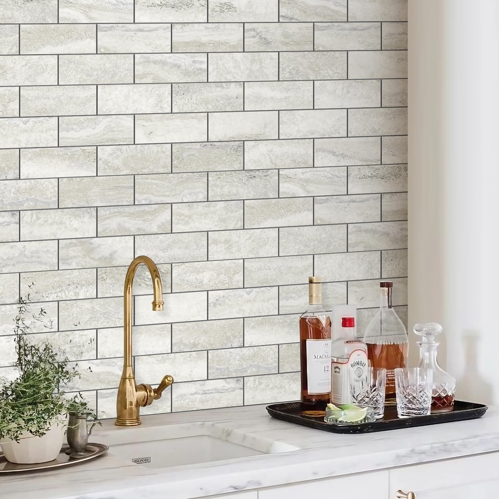 10-Sheet Subway Tile Cream Peel and Stick Backsplash, Beige Stone Texture wit…