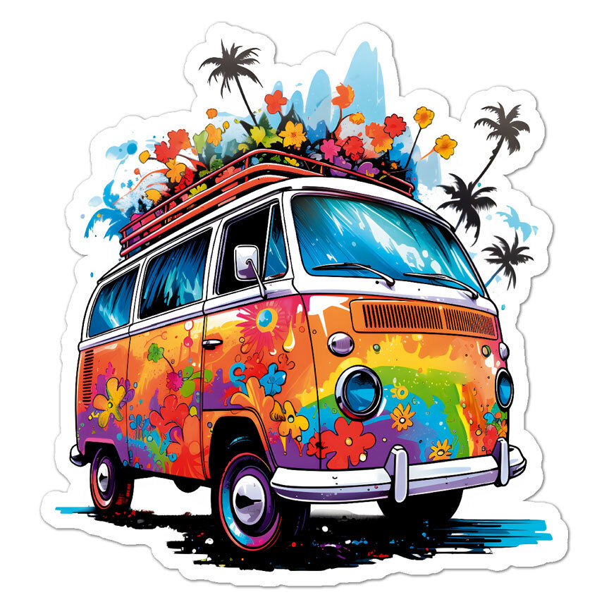 Hippie Flower Camper Bus, Vinyl Decal Sticker, Indoor Outdoor, 3 Sizes, #11119