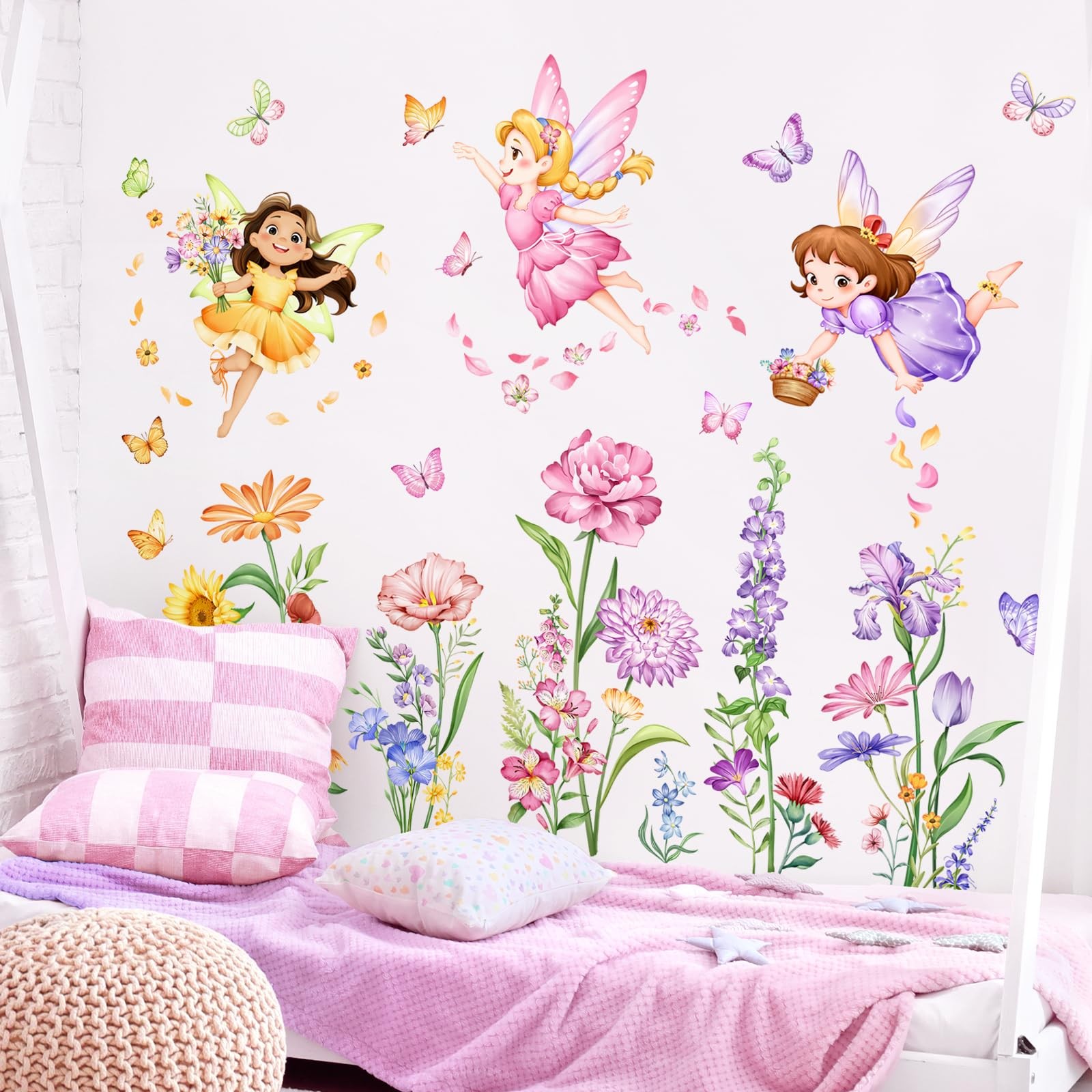 Flower Fairy Wall Decals Butterfly Girl with Wildflower Sunflower Wall Sticke…