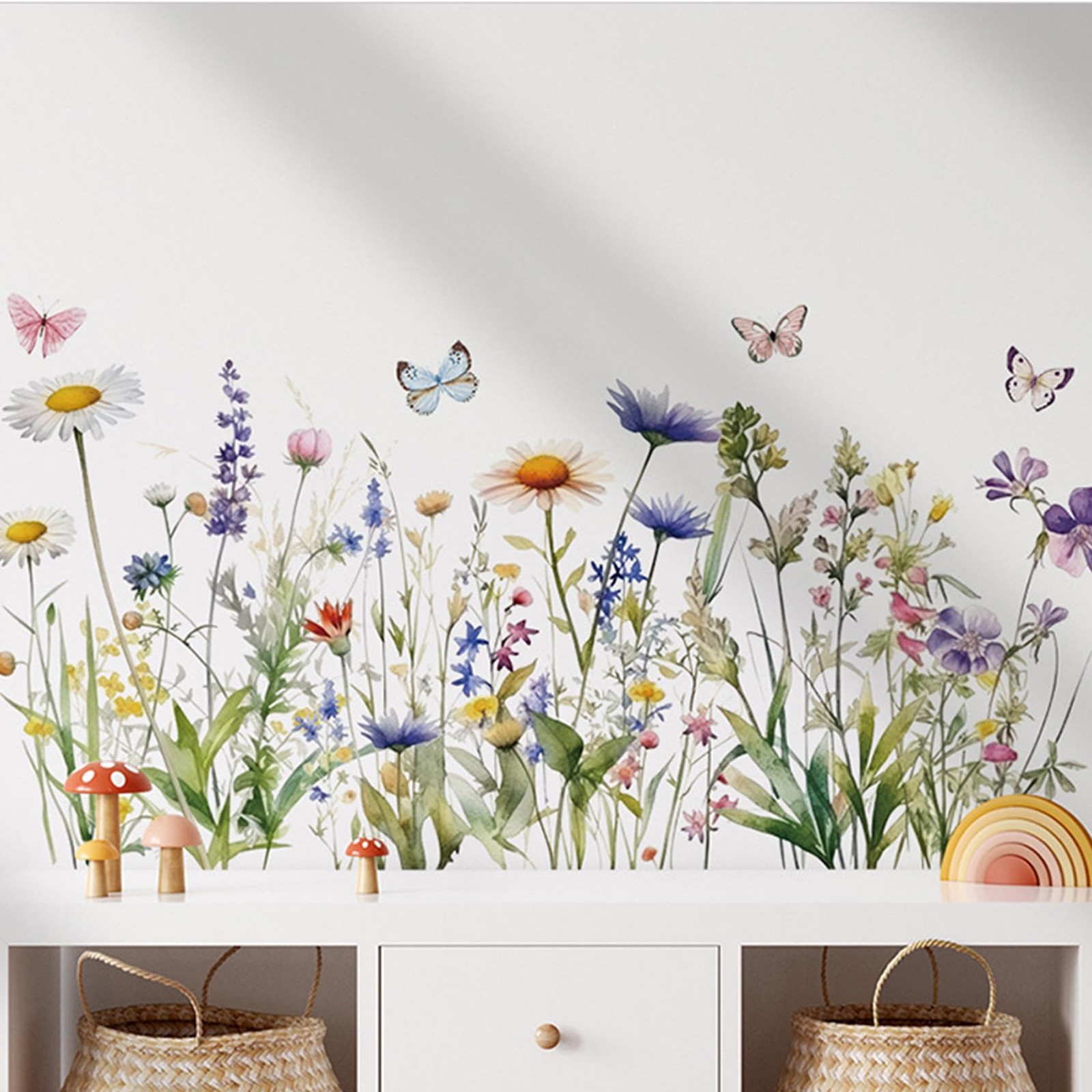 Wildflower Grass Daisy Wall Decals, Garden Floral Butterflies Flower Wall Sti…