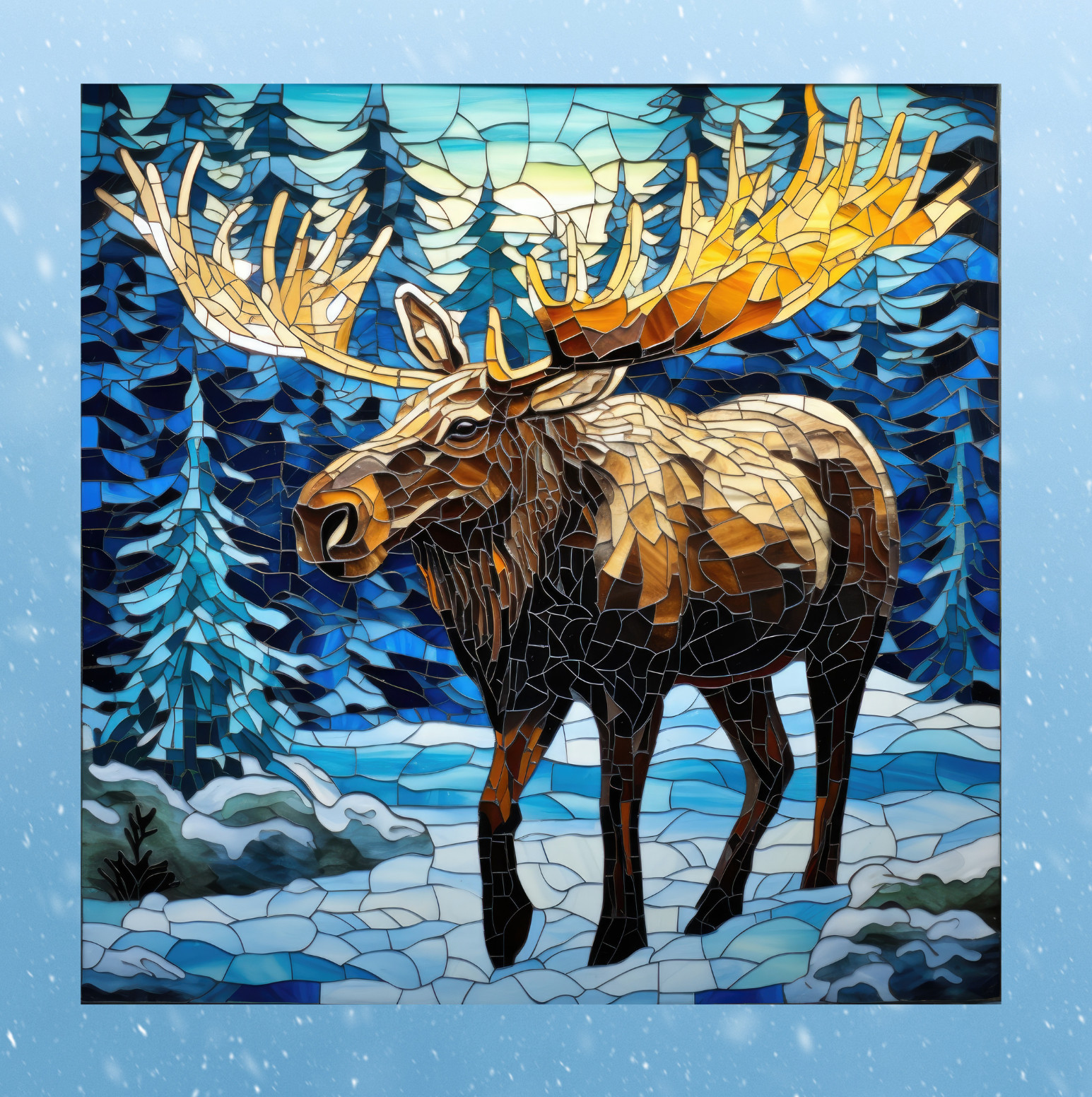 Winter Moose in Mosaic Style WINDOW CLING Sun-catcher Size 8" Square Vinyl