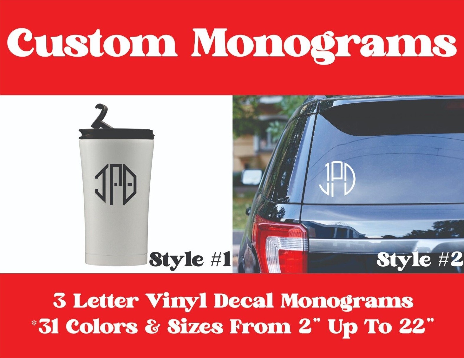 Custom Monogram Vinyl Decals Transfer Stickers 2 Styles *31 Colors Lots Of Sizes