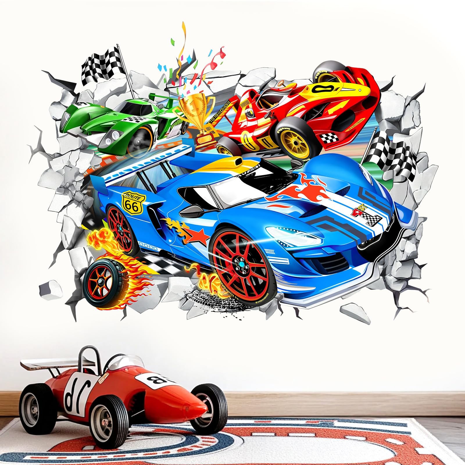 Large 3D Racing Car Wall Stickers Vehicles Break Through Peel and Stick Wall …