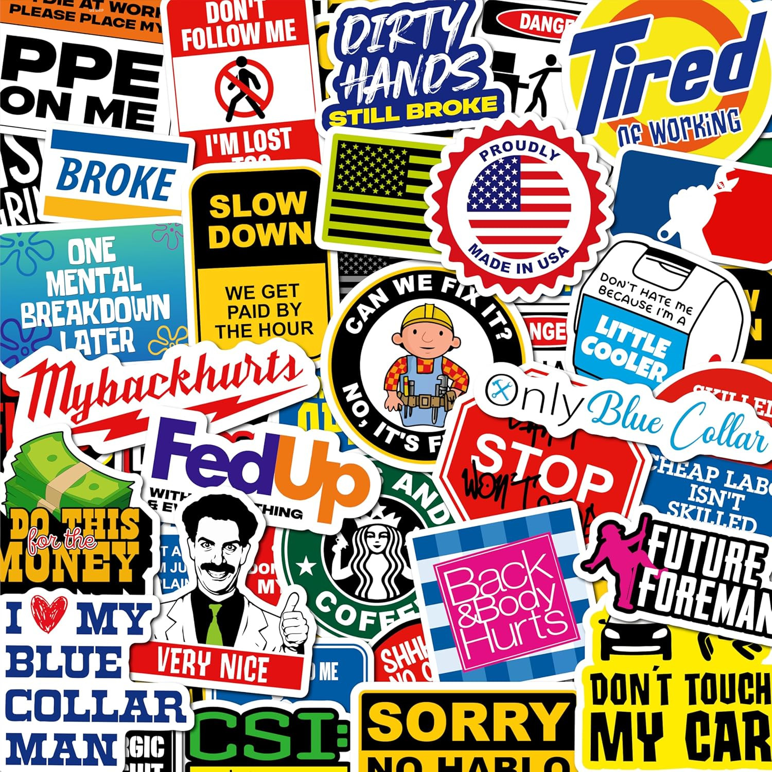 200 PCS Funny Hard Hat Stickers Waterproof Blue Collar Decals Pack Laptop Helmet