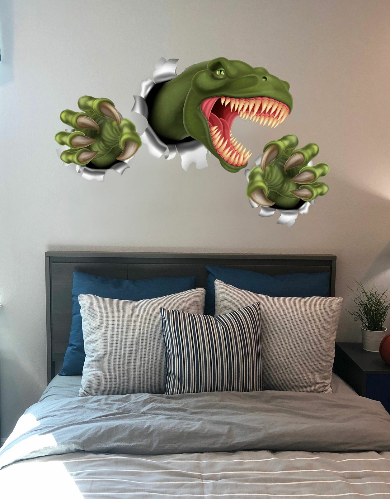 T-Rex Dinosaur Jumping out of wall. 3D Graphic Wall Decal Sticker. Peel and Stic