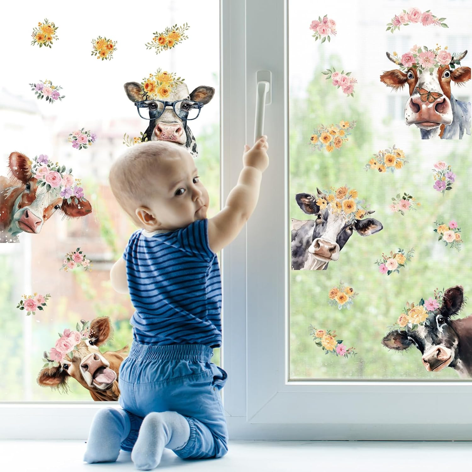 Floral Cow Window Clings Cute Cow Window Stickers Double-Side