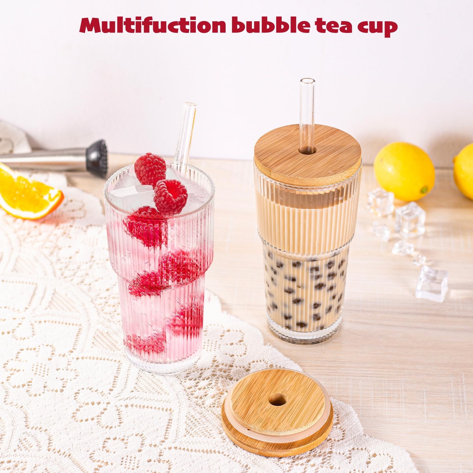 20 oz Ribbed Glass Tumblers with Bamboo Lids and Straws, 2 Pcs Wide Mouth Thi…