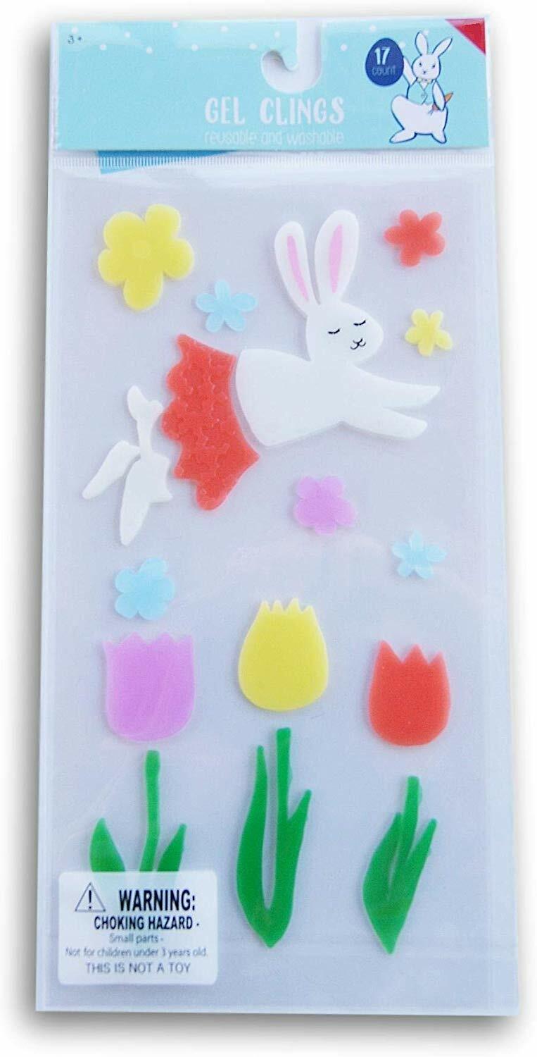 NEW Spring Easter Bunny Rabbit Flowers CUTE Window Gel Clings Decorations 17 pcs