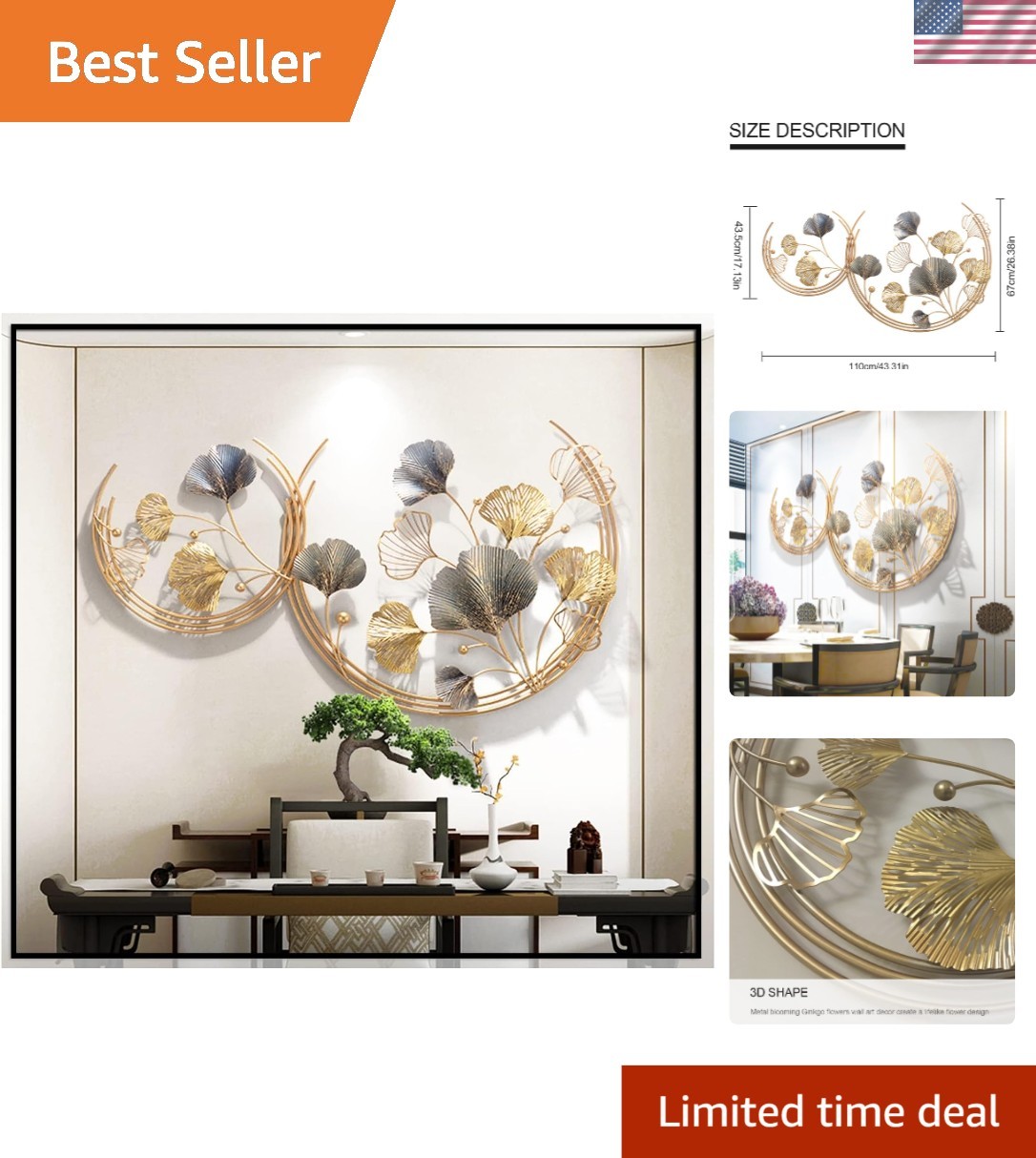 Elegant 3D Golden Ginkgo Leaf Wall Sculpture Set – Handmade Metal Art Decor